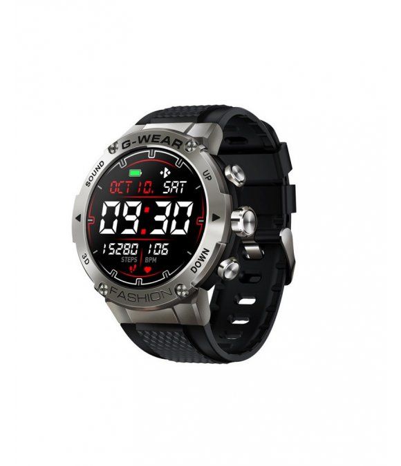 Smartwatch mit rundem Display. Zeigt Uhrzeit, Datum und Fitnessdaten. Schwarzes Armband, silberfarbenes Gehäuse. G-WEAR-Logo.