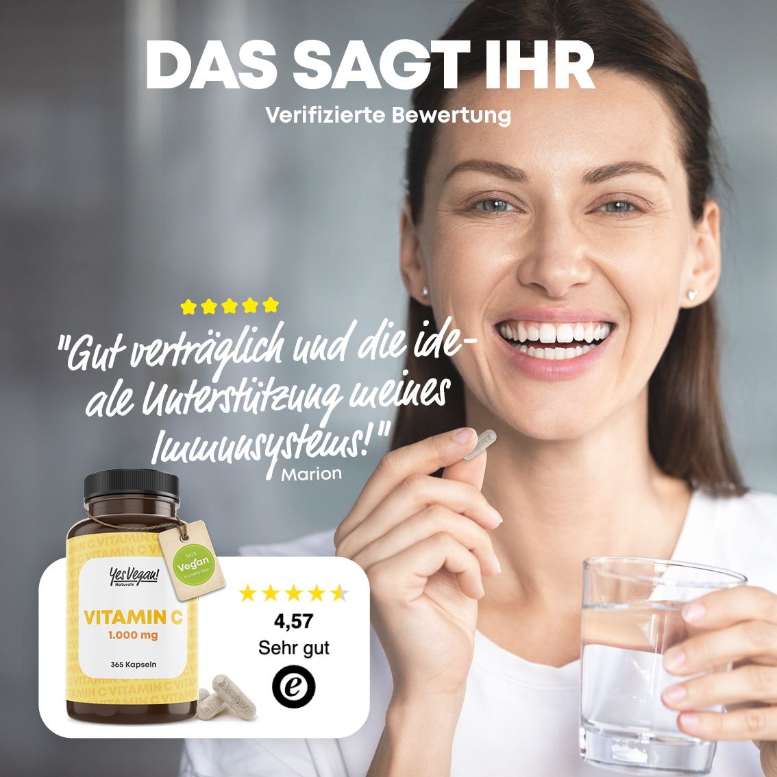 Frau hält Vitamin C Kapsel. Flasche im Hintergrund. Verifizierte Bewertung.