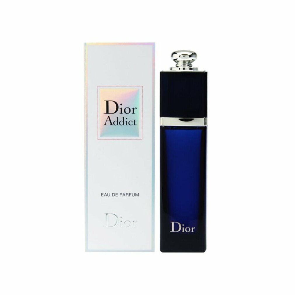 Dior Addict Eau de Parfum Flakon und Verpackung. Flakon dunkelblau, silberner Deckel. Verpackung weiß mit Logo.