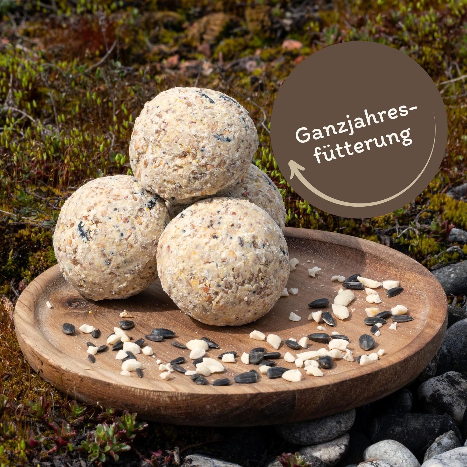 Meisenknödel ohne Netz auf einem Holztablett für die ganzjährige Fütterung.