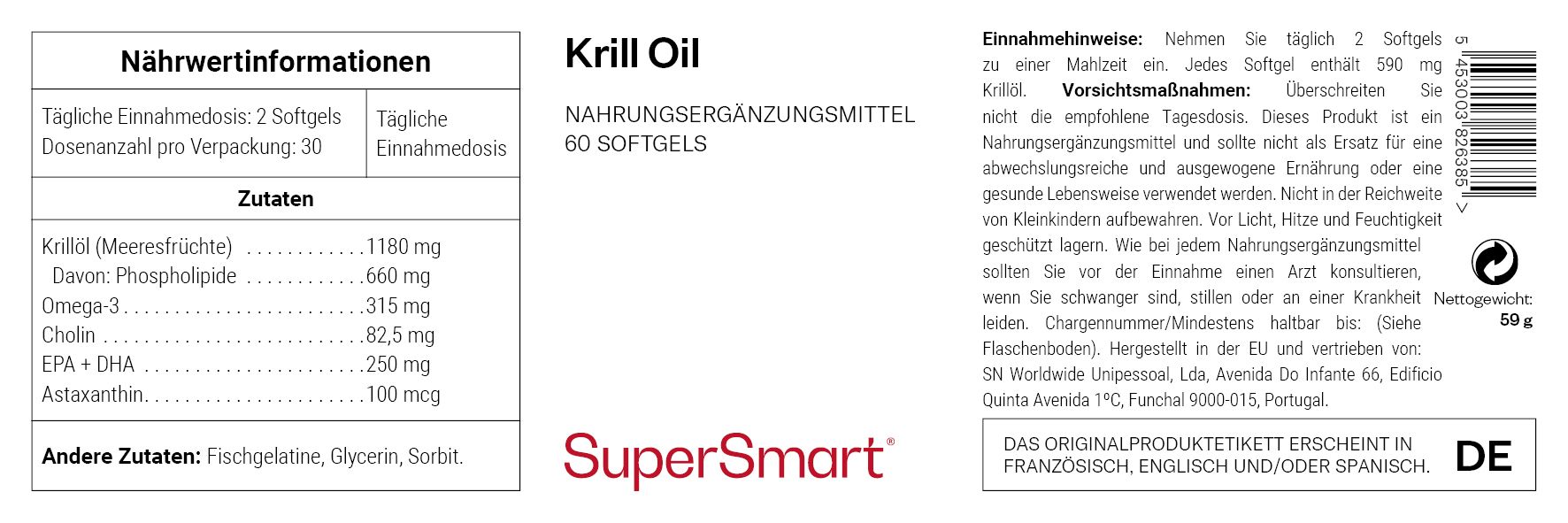 Nahrungsergänzungsmittel Krill Oil. 60 Softgels. SuperSmart Logo. Nährwertinformationen.