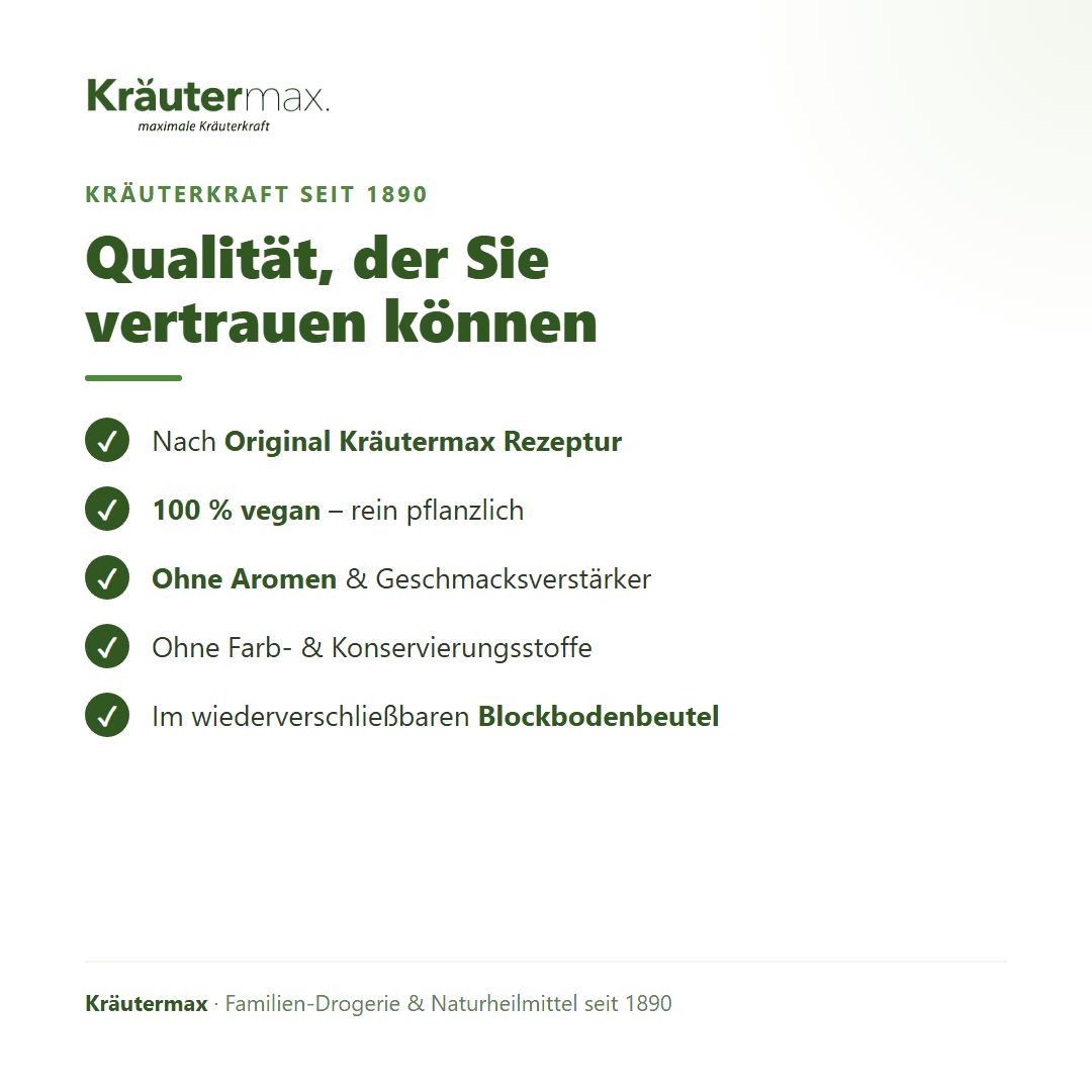Kräutermax Schafgarbenkraut Tee: Informationen zu Qualität, veganem Ursprung und Verpackung.