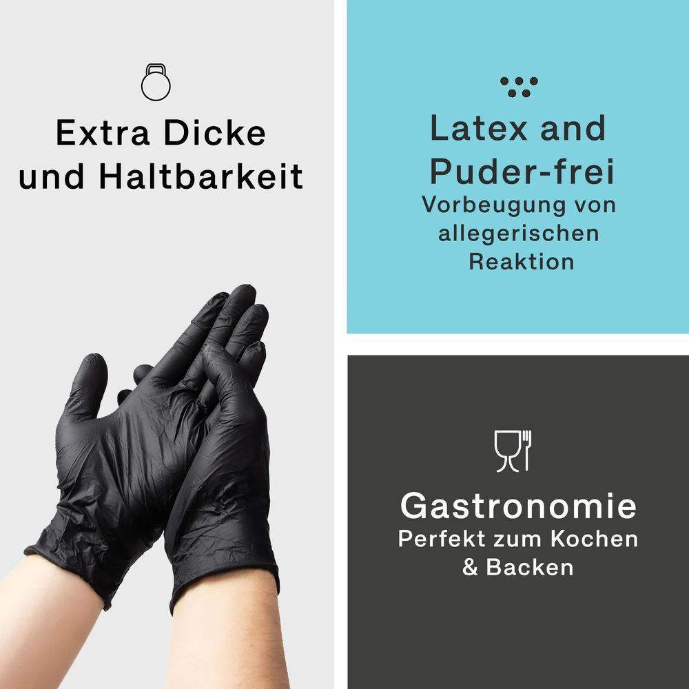 Hände mit schwarzen Handschuhen. Text: Extra Dicke und Haltbarkeit, Latex- und puderfrei, Gastronomie.