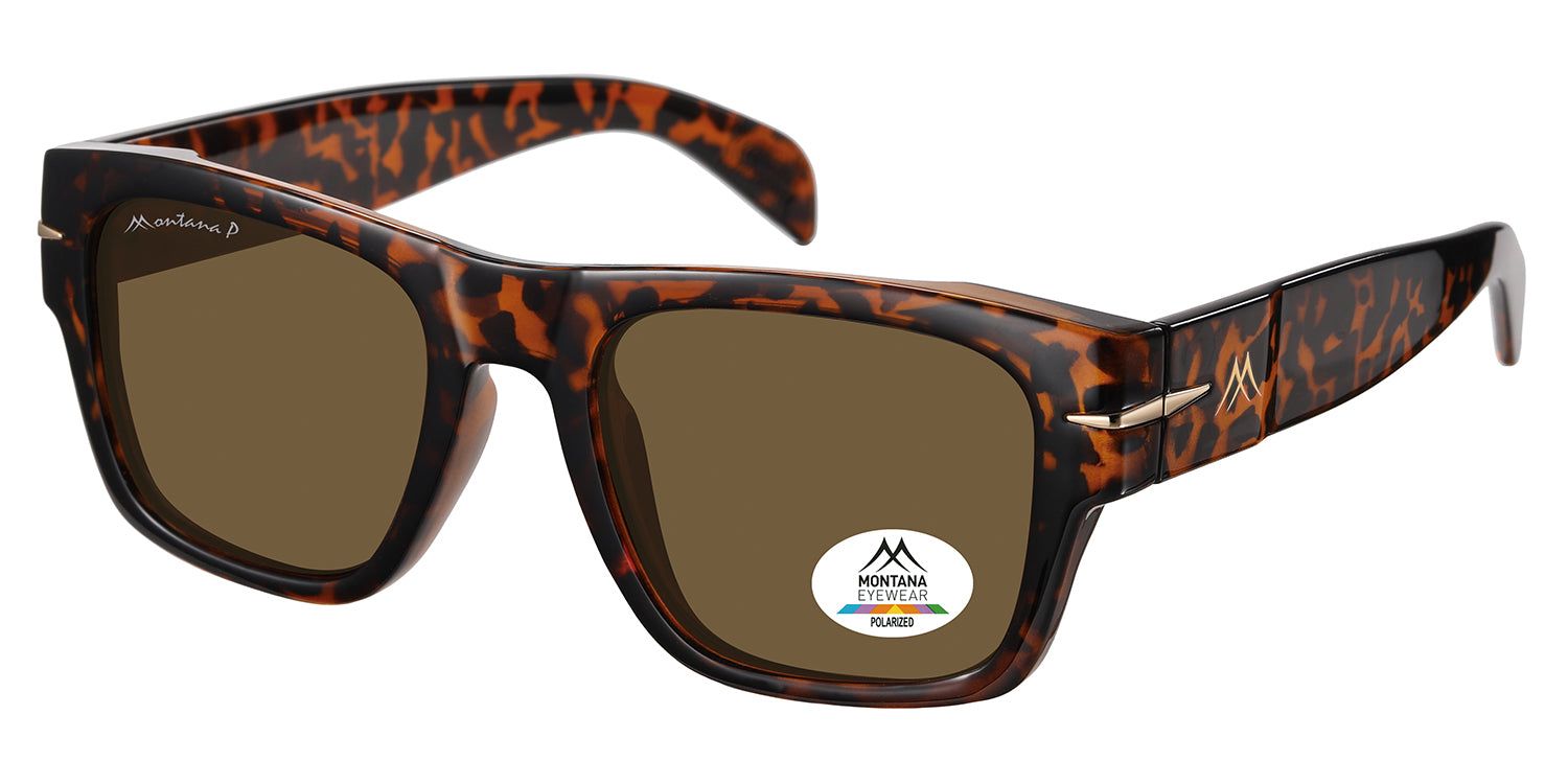 Sonnenbrille mit braunen Gläsern und Schildpatt-Muster. Logo "MONTANA EYEWEAR" auf dem Bügel. Polarisiert.