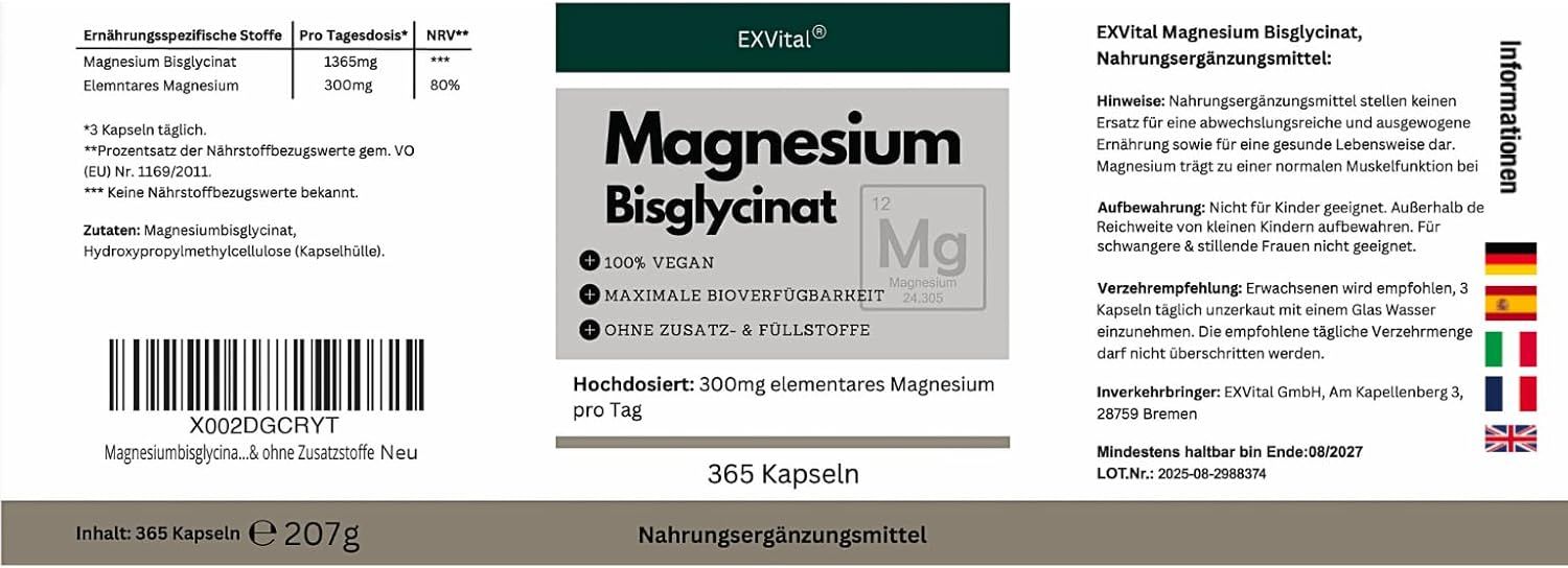 Etikett von EXVital Magnesium Bisglycinat. Enthält Informationen zu Inhaltsstoffen, Dosierung und Warnhinweisen.