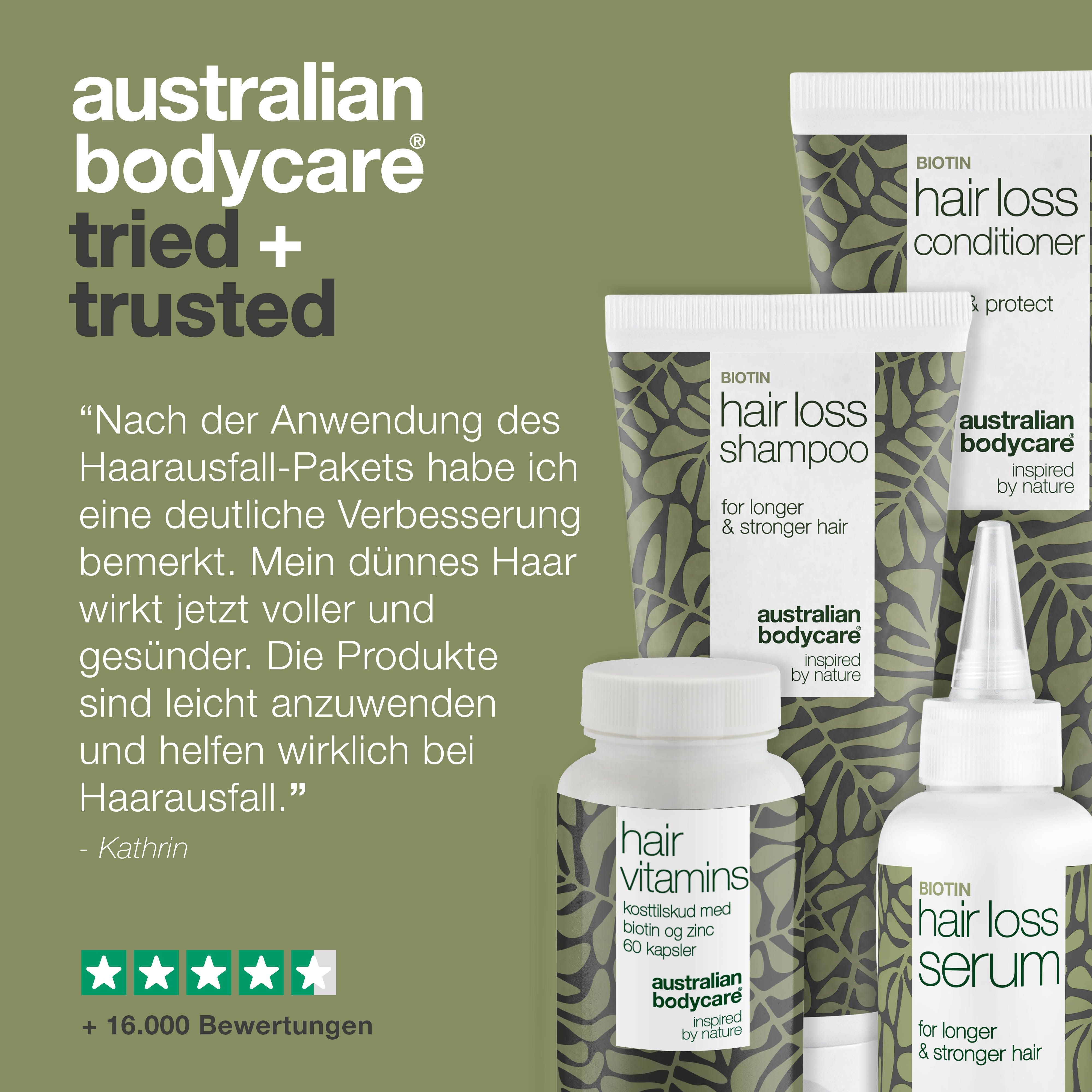 Produkt-Set: Shampoo, Conditioner, Serum und Tabletten. Text: Erfahrungsbericht, +16.000 Bewertungen.