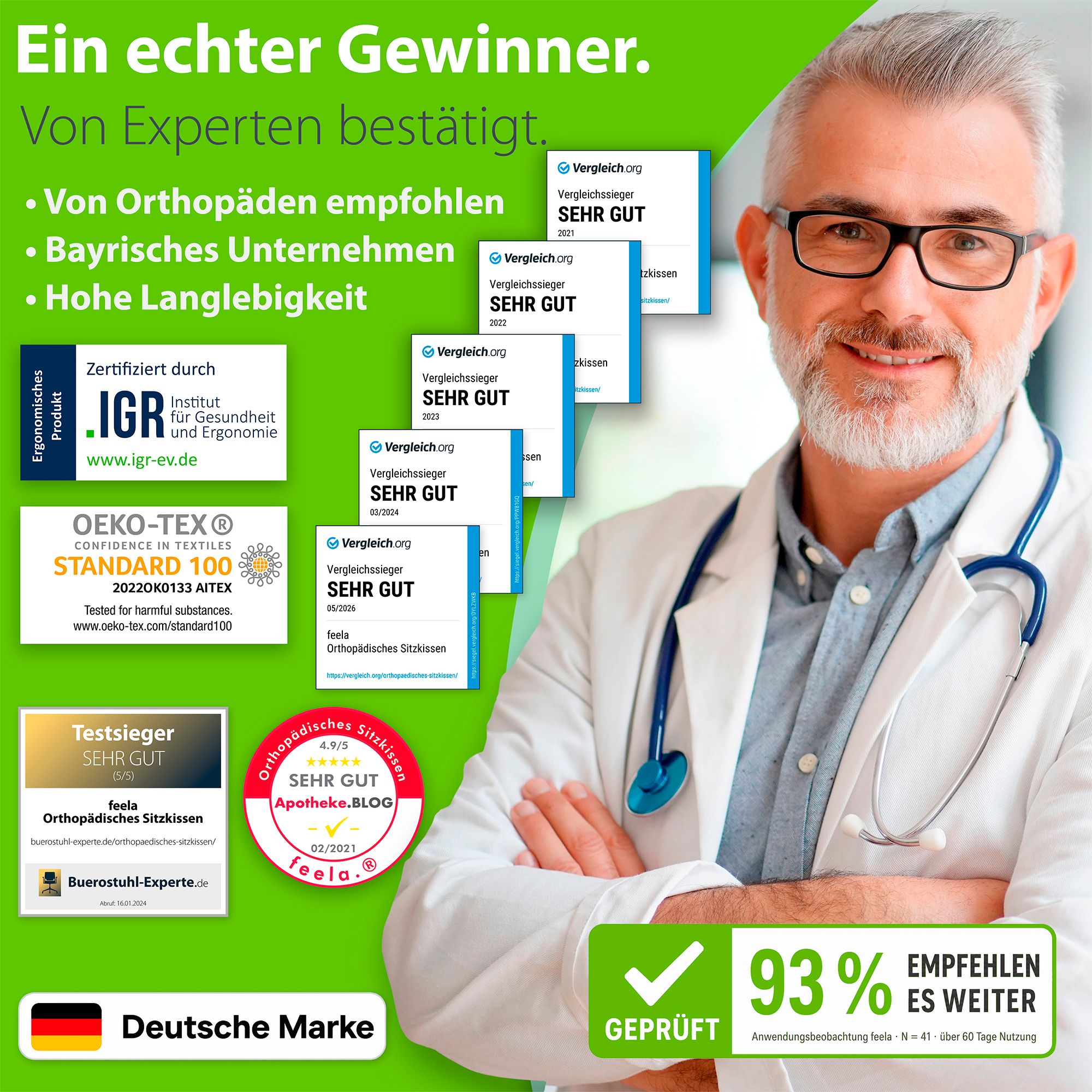 Arzt mit Siegeln: IGR, OEKO-TEX®, Vergleiche. Deutsche Marke, 93% Weiterempfehlung.