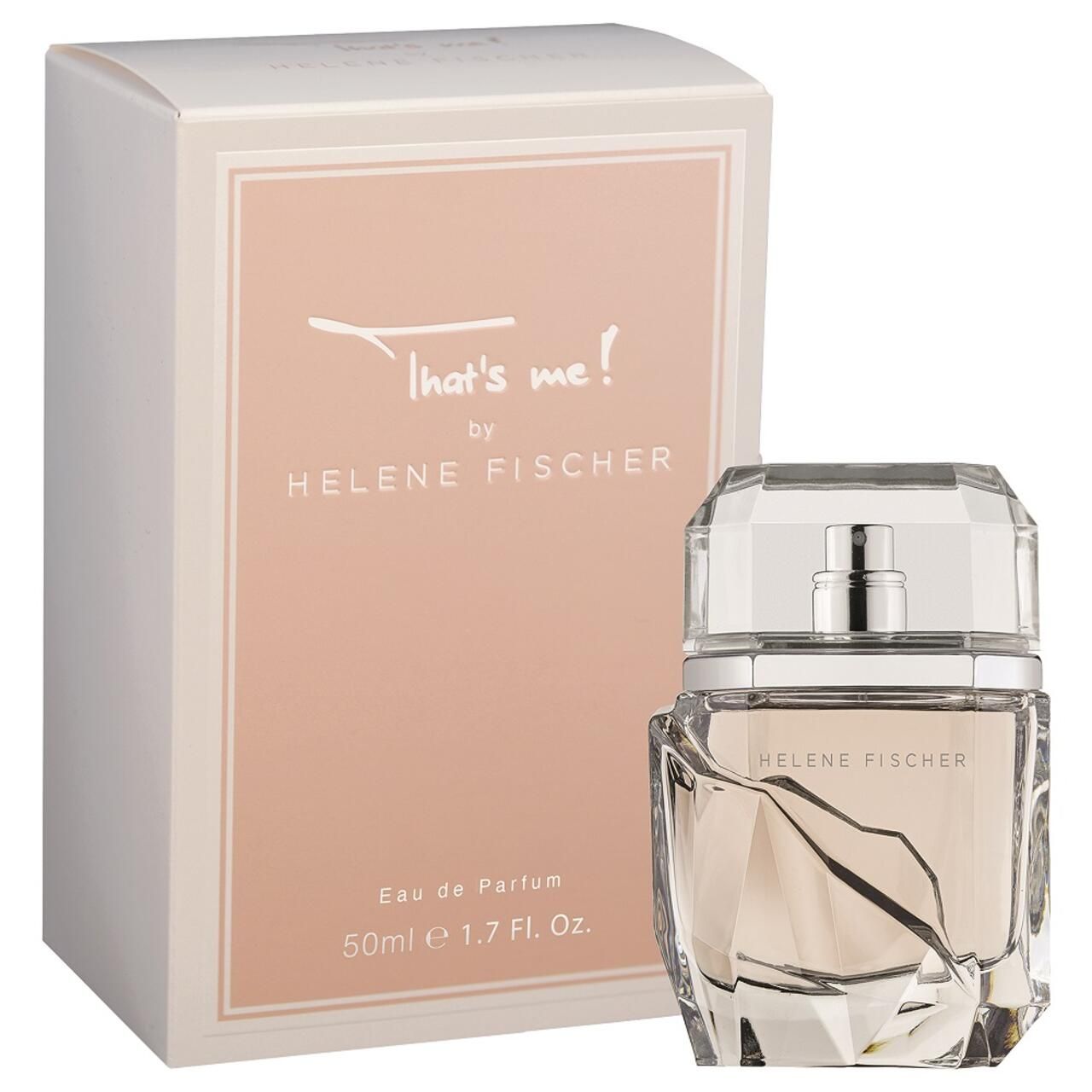 Parfümflakon und Verpackung. Flakon aus Glas, eckig. Verpackung mit Schriftzug 'That's me!' und 'Helene Fischer'.