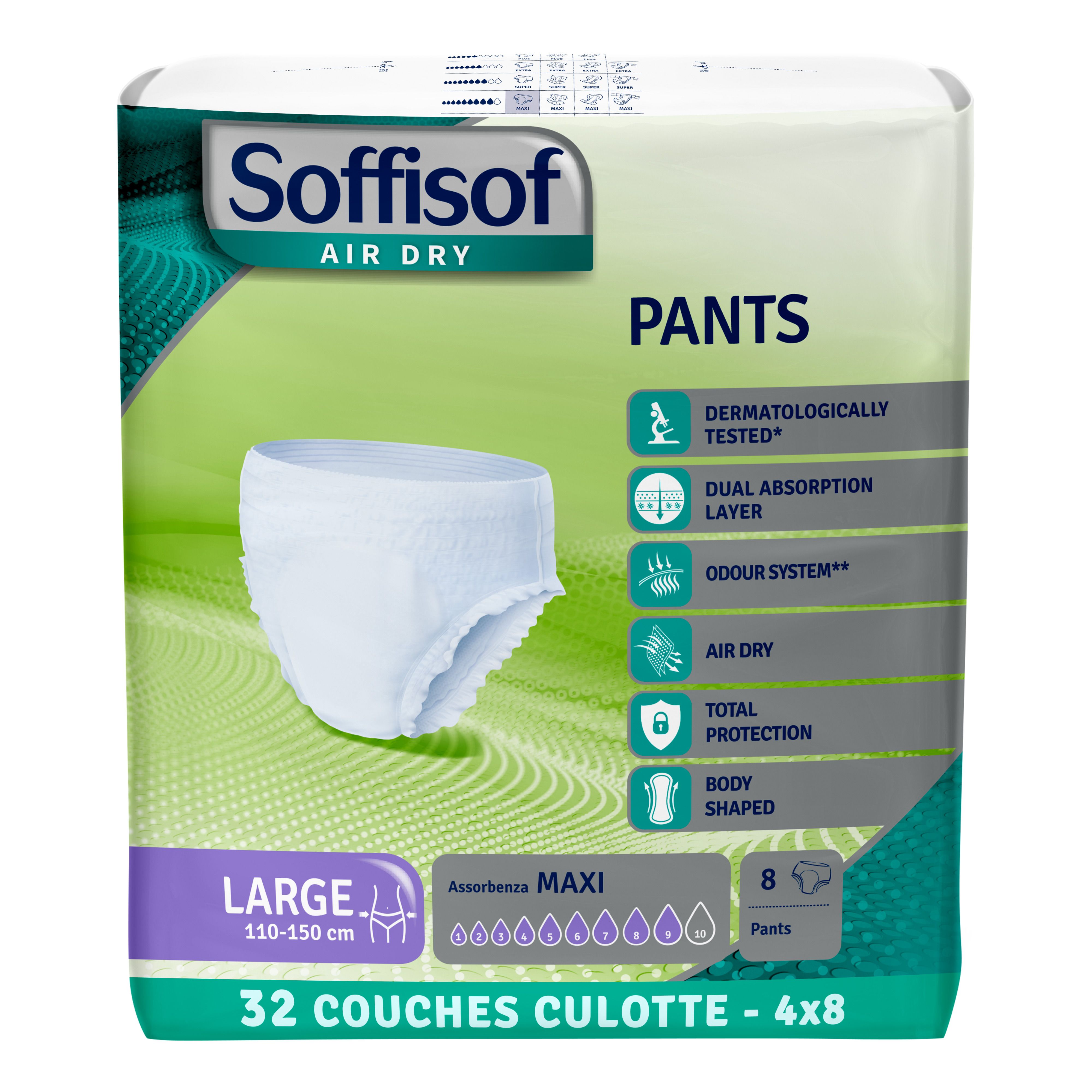 Soffisof Pants Maxi. Taille L, 110-150 cm. 8 couches. Emballage avec caractéristiques du produit.