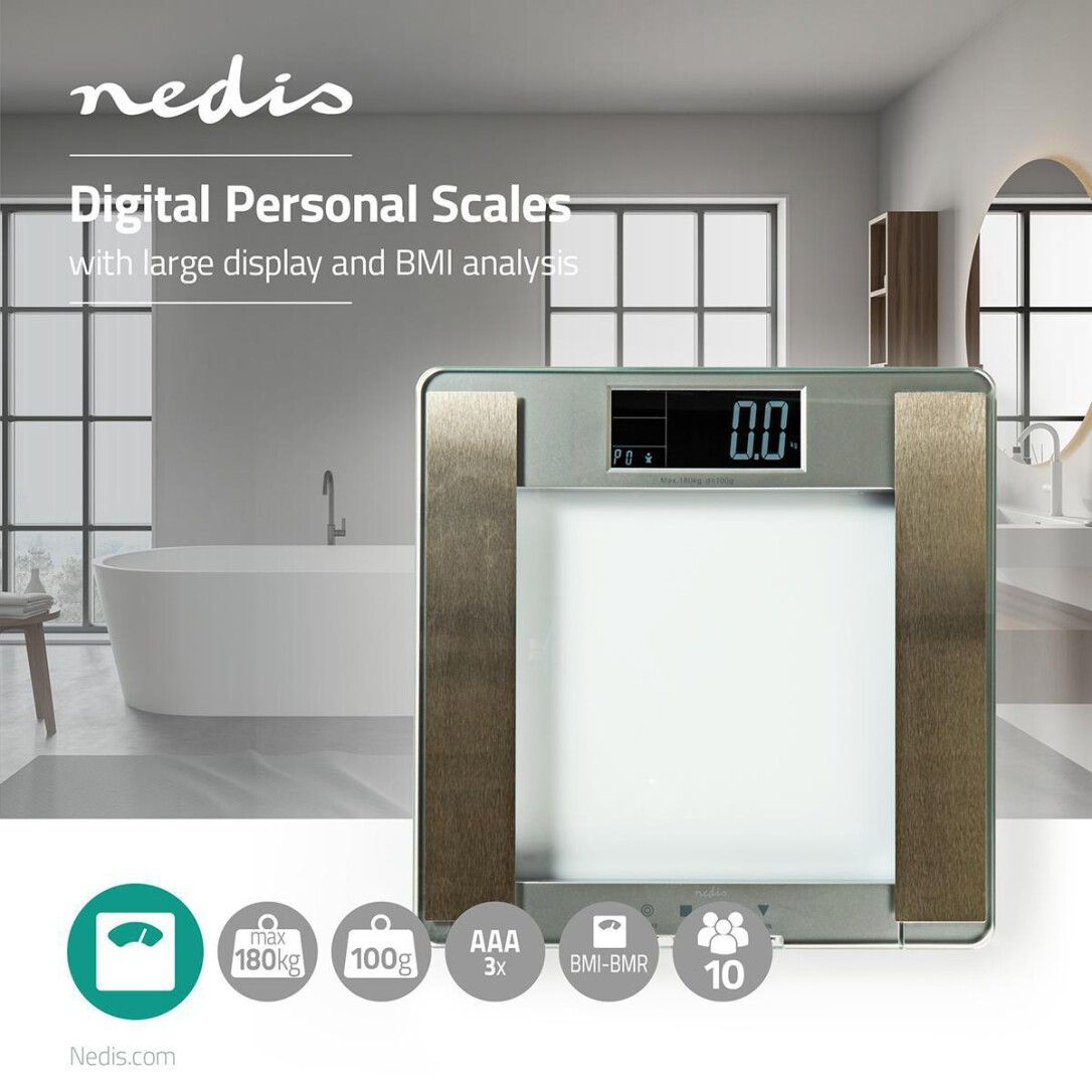 Nedis Personenwaage / Digital / Silber / Gehärtetes Glas / Max. Wiegekapazität: 180 kg