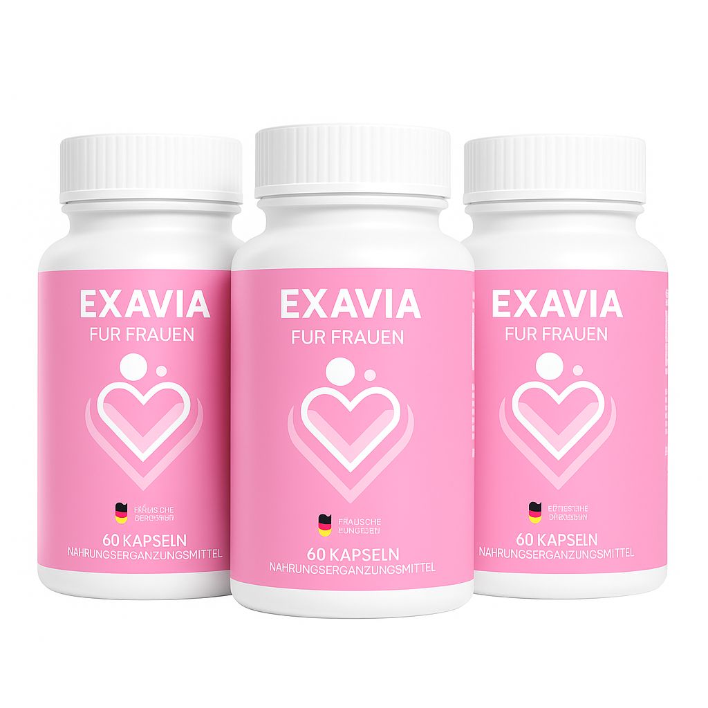 Drei weiße Flaschen mit rosa Etiketten. Aufschrift: EXAVIA FÜR FRAUEN, Herz-Symbol, 60 Kapseln. Nahrungsergänzungsmittel.
