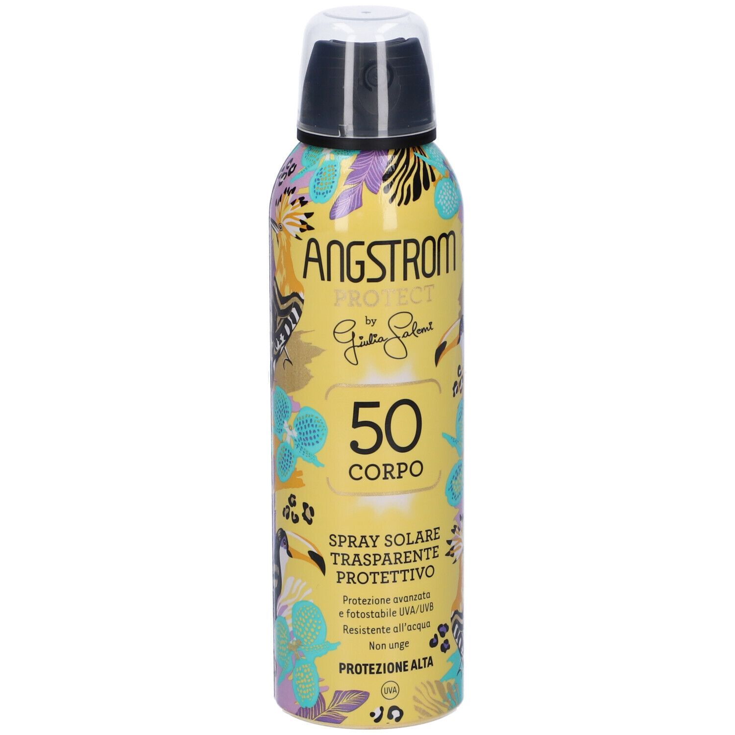 Bomboletta spray gialla con motivi floreali e uccelli. Tappo nero. Testo: Angstrom, SPF50, Spray Solare Trasparente. Protezione.