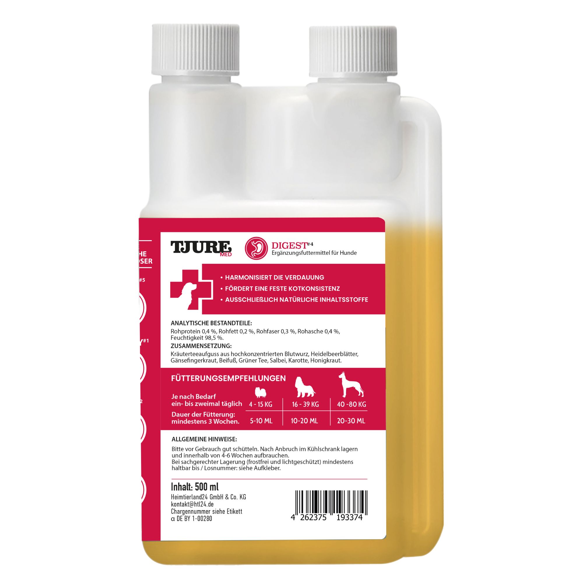 Zwei Flaschen TJURE DIGEST #4. Gelbe Flüssigkeit. Produktinformationen auf der Rückseite. Logo mit Hund und rotem Kreuz.