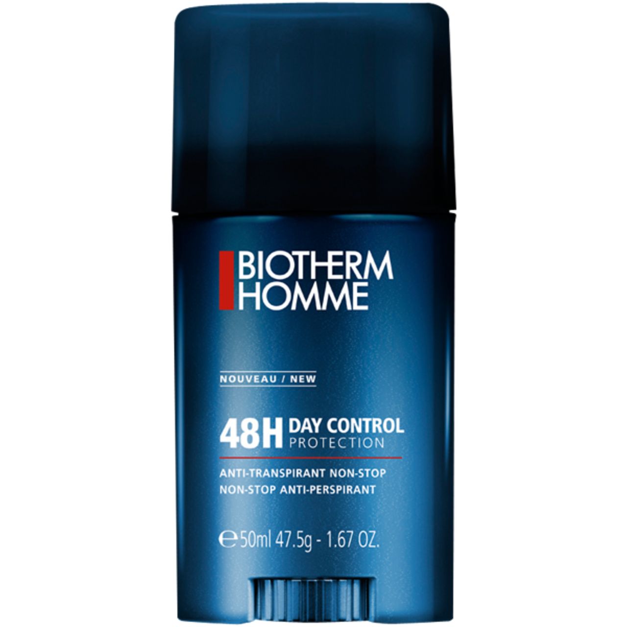 Blauer Deostift mit schwarzem Deckel. BIOTHERM HOMME, DAY CONTROL 48H Protection, Text auf der Vorderseite. 50ml 47.5g 1.67 OZ.