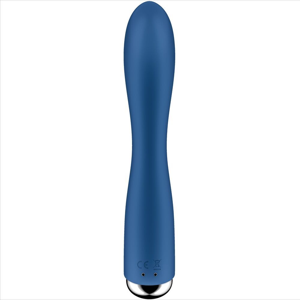 Blauer Vibrator. Silberfarbener Sockel. Form mit gebogenem Element.