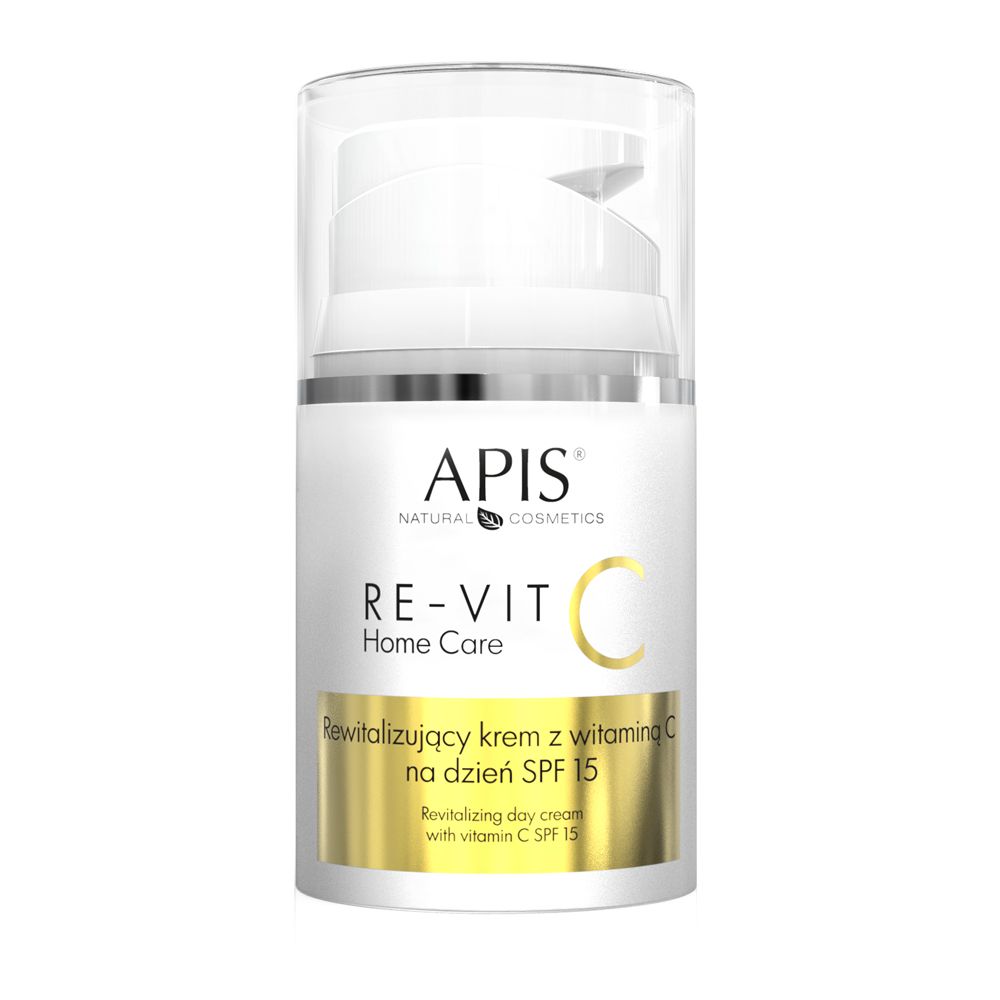 Weißer Spender mit APIS RE-VIT C Aufschrift. Enthält Revitalisierende Tagescreme mit Vitamin C, LSF 15. Klare Verpackung.