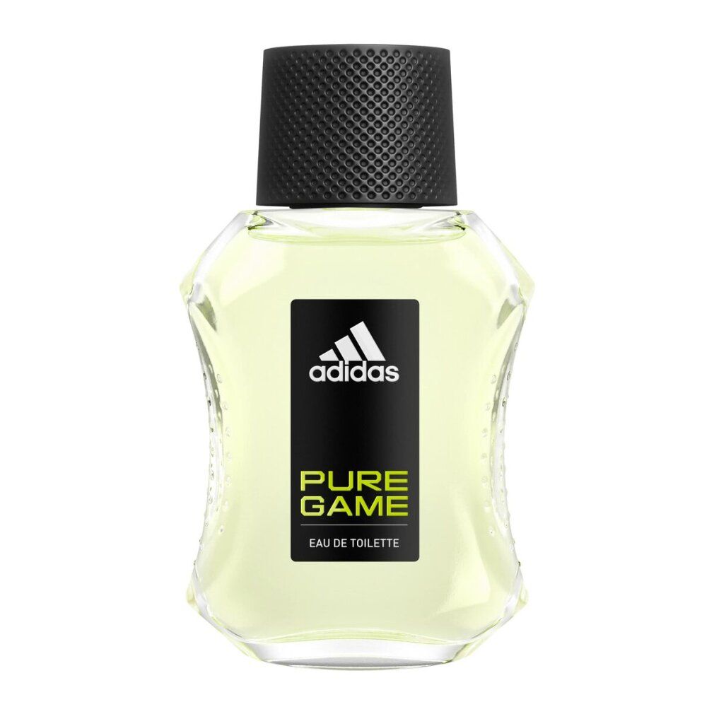 Flakon mit schwarzem Deckel. Aufkleber mit Adidas-Logo und Schriftzug PURE GAME. Eau de Toilette.