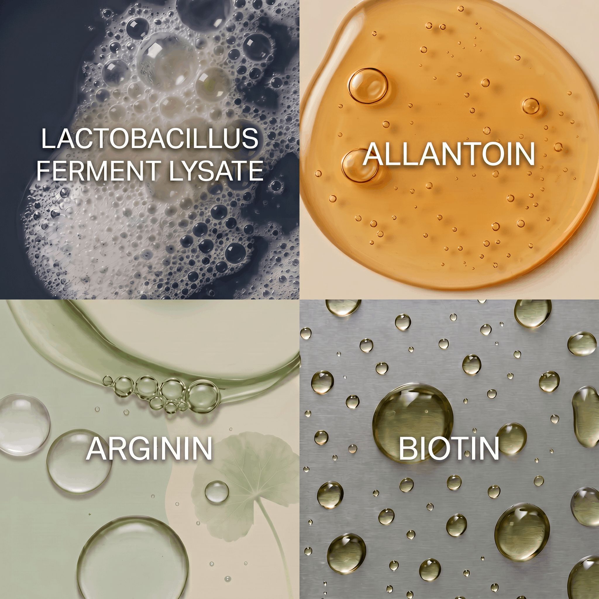 Vier Quadrate zeigen Inhaltsstoffe: Schaum, Allantoin, Arginin, Biotin-Tropfen.