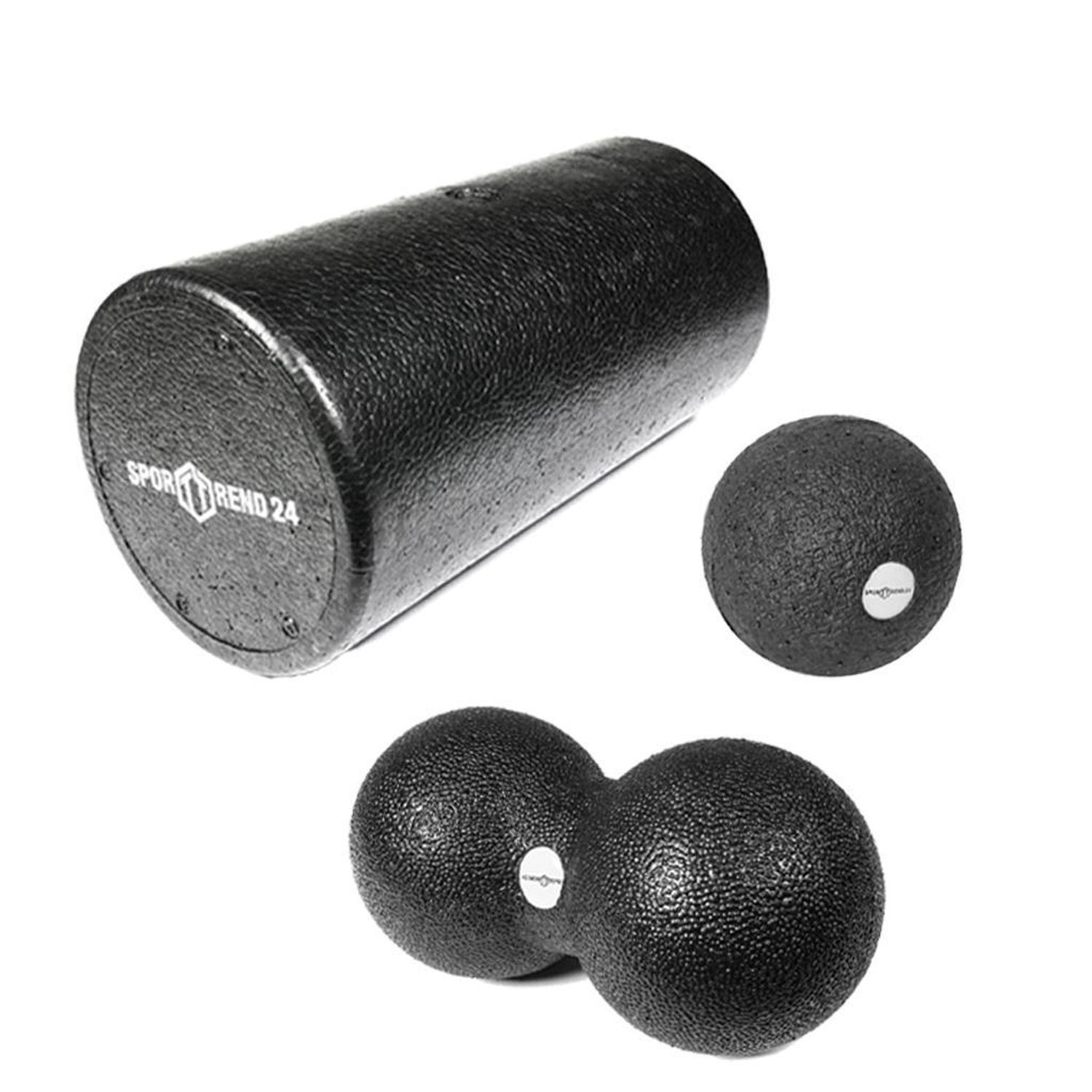 Set aus Faszienrolle, Duoball und Faszienball. Schwarzes, strukturiertes Material. Sporttrend24 Logo auf den Bällen und der Rolle.