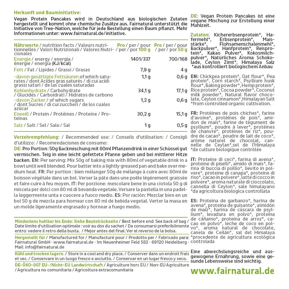 Vorderseite einer FAIRNATURAL Bio Protein Pancakes Vegan Packung mit Produktbezeichnung und 400g Angabe.
