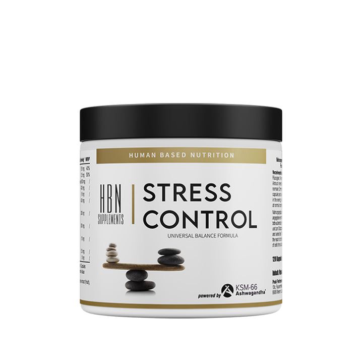 Weißes Supplement-Behälter mit schwarzem Deckel. Aufschrift: HBN Supplements, Stress Control, KSM-66 Ashwagandha.