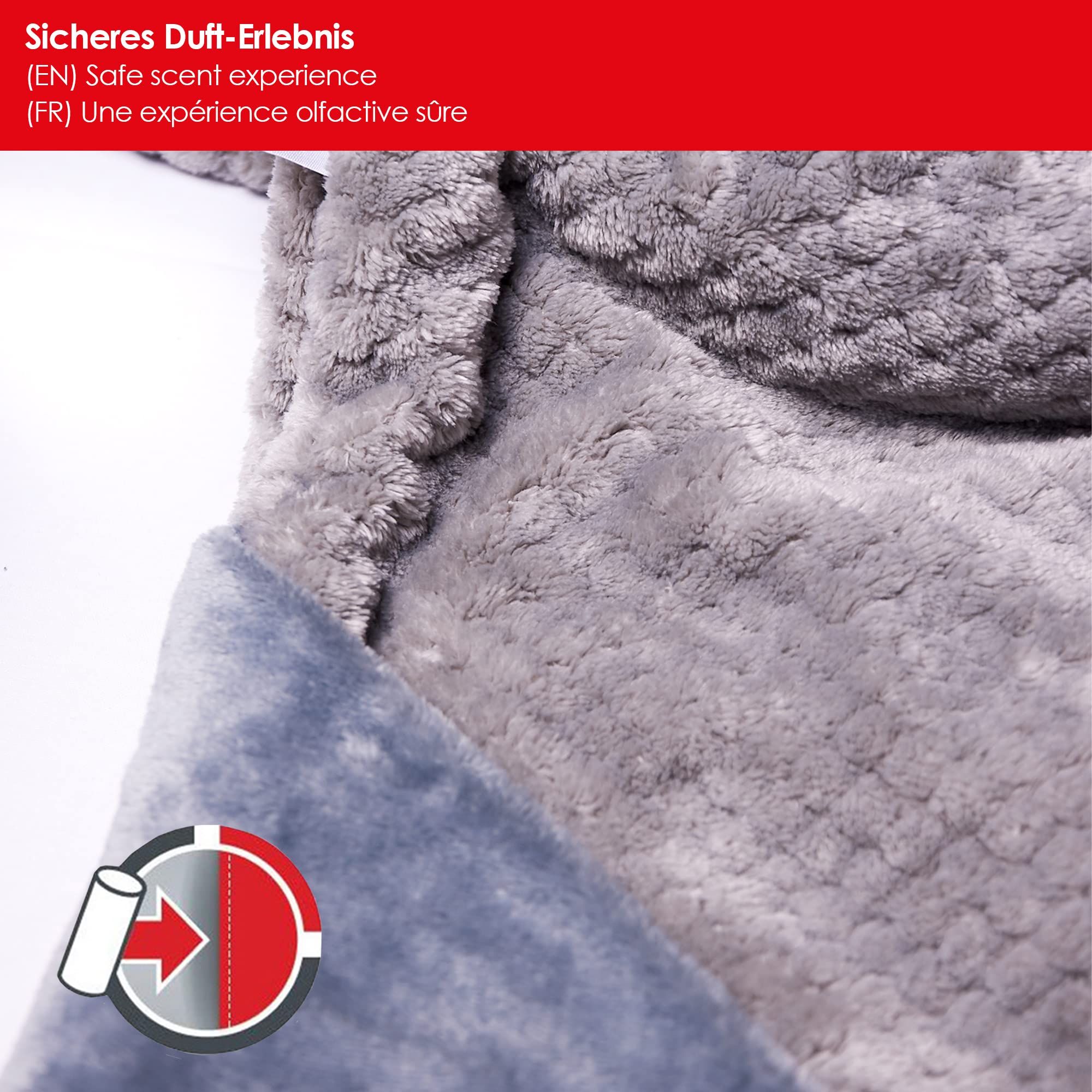 Detailansicht der grauen RelaxoPet COSY Multi-Plaid Decke. Text: Sicheres Duft-Erlebnis. Abbildung: Rolle mit roter Linie.