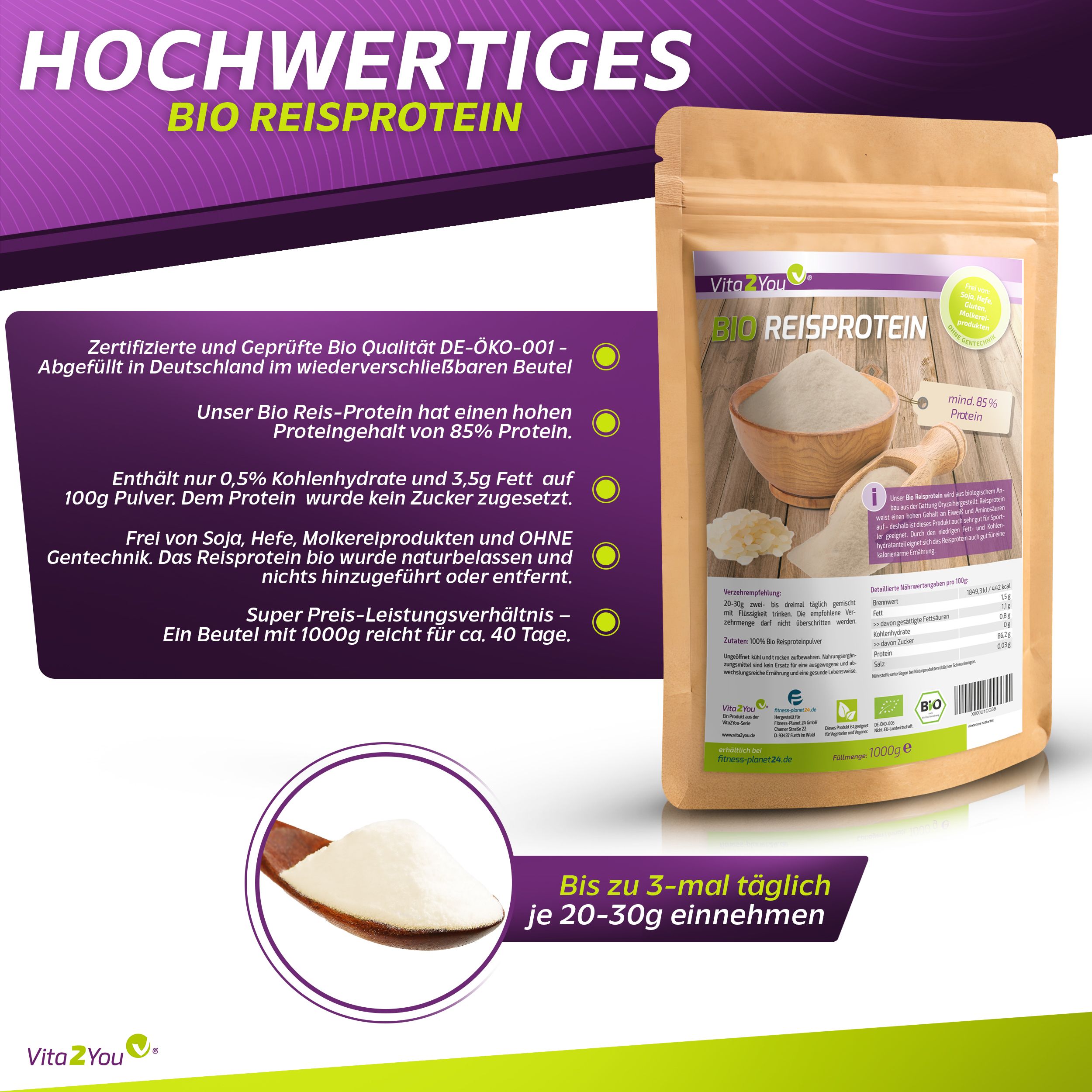 Beutel mit Reisprotein, Holzlöffel mit Pulver, Text: 85% Protein, Zertifizierungen, Produktinformationen.