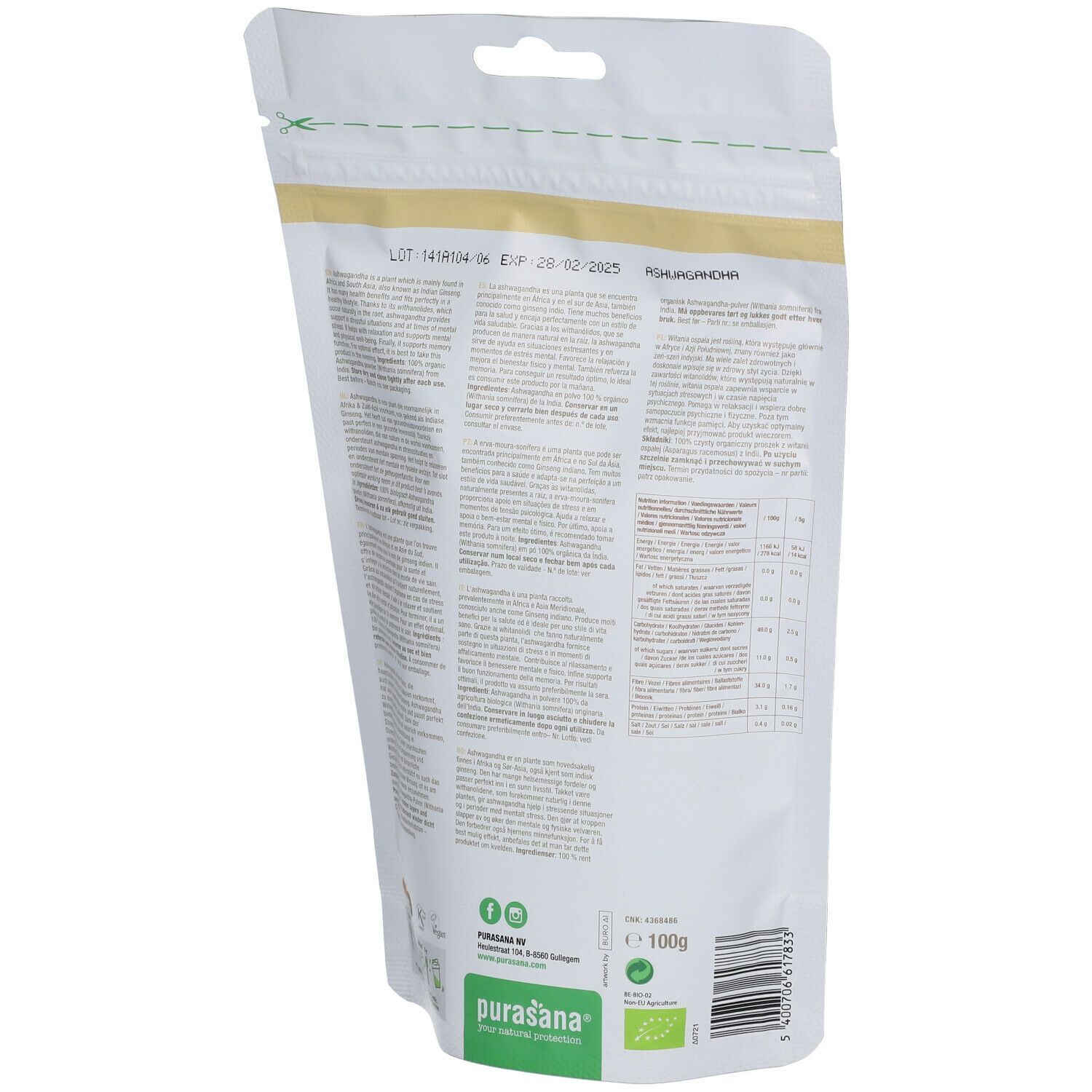 Rückseite eines Beutels mit Ashwagandha-Pulver. Text, Nährwertangaben, Bio-Siegel, 100g.