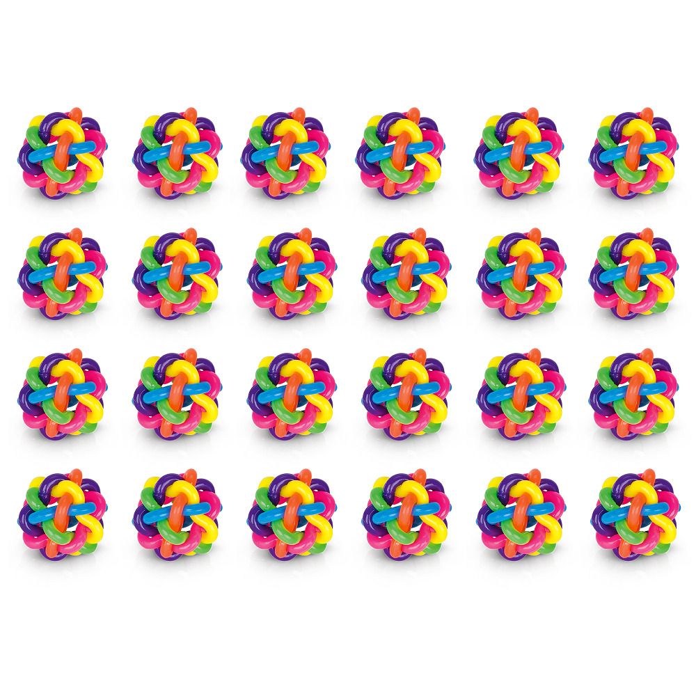 Mehrere Kugeln aus ineinandergreifenden, farbigen Kunststoffringen: Grün, Gelb, Orange, Pink, Lila und Blau.