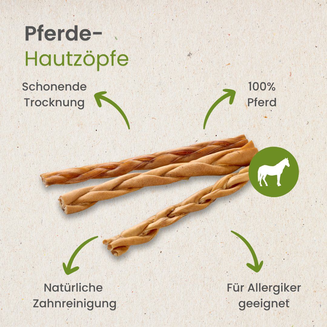 Geflochtene Hundekauartikel aus Pferdehaut, schonend getrocknet, 100% Pferd, gut für Zähne.