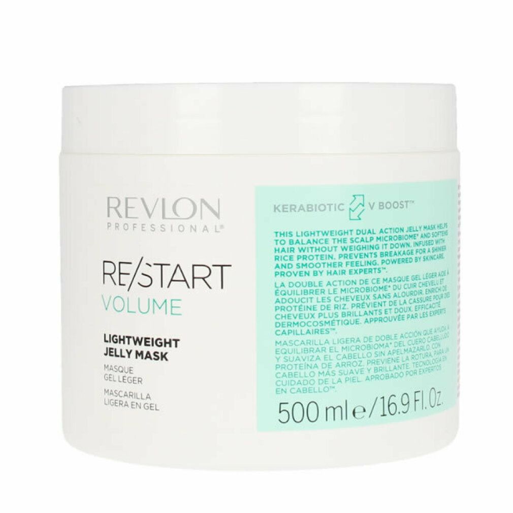 Weißer Tiegel mit Produktetikett. Aufschrift: Revlon Professional, Re/Start Volume, Lightweight Jelly Mask. 500 ml.
