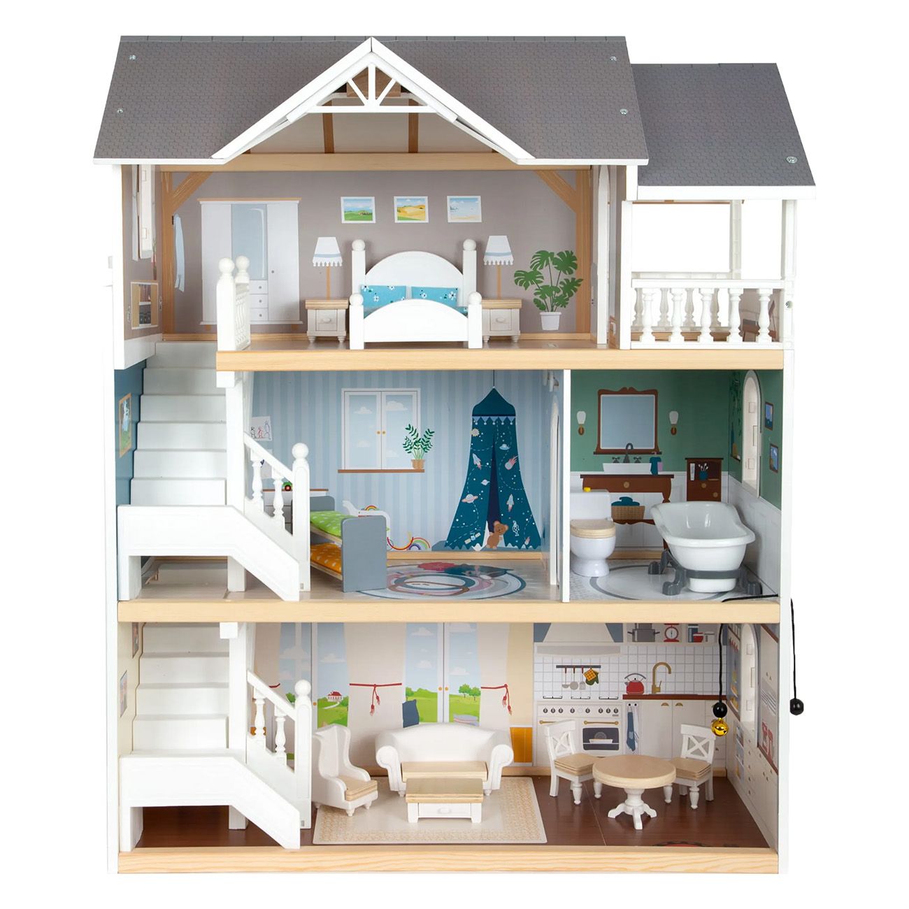 Puppenhaus Stadtvilla, dreistöckig, mit Möbeln und Dekorationen. Innenräume mit Schlafzimmer, Küche, Bad und Wohnzimmer.