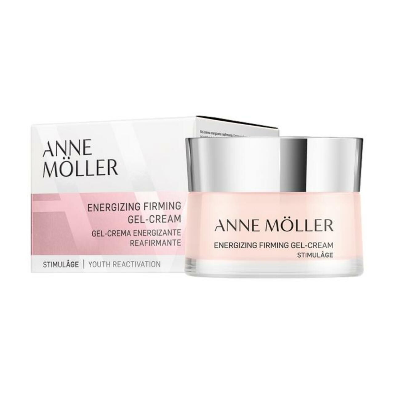 Creme-Glas und Verpackung. Aufschrift: ANNE MÖLLER, Energizing Firming Gel-Cream, Stimulâge. Verpackung mit Text.