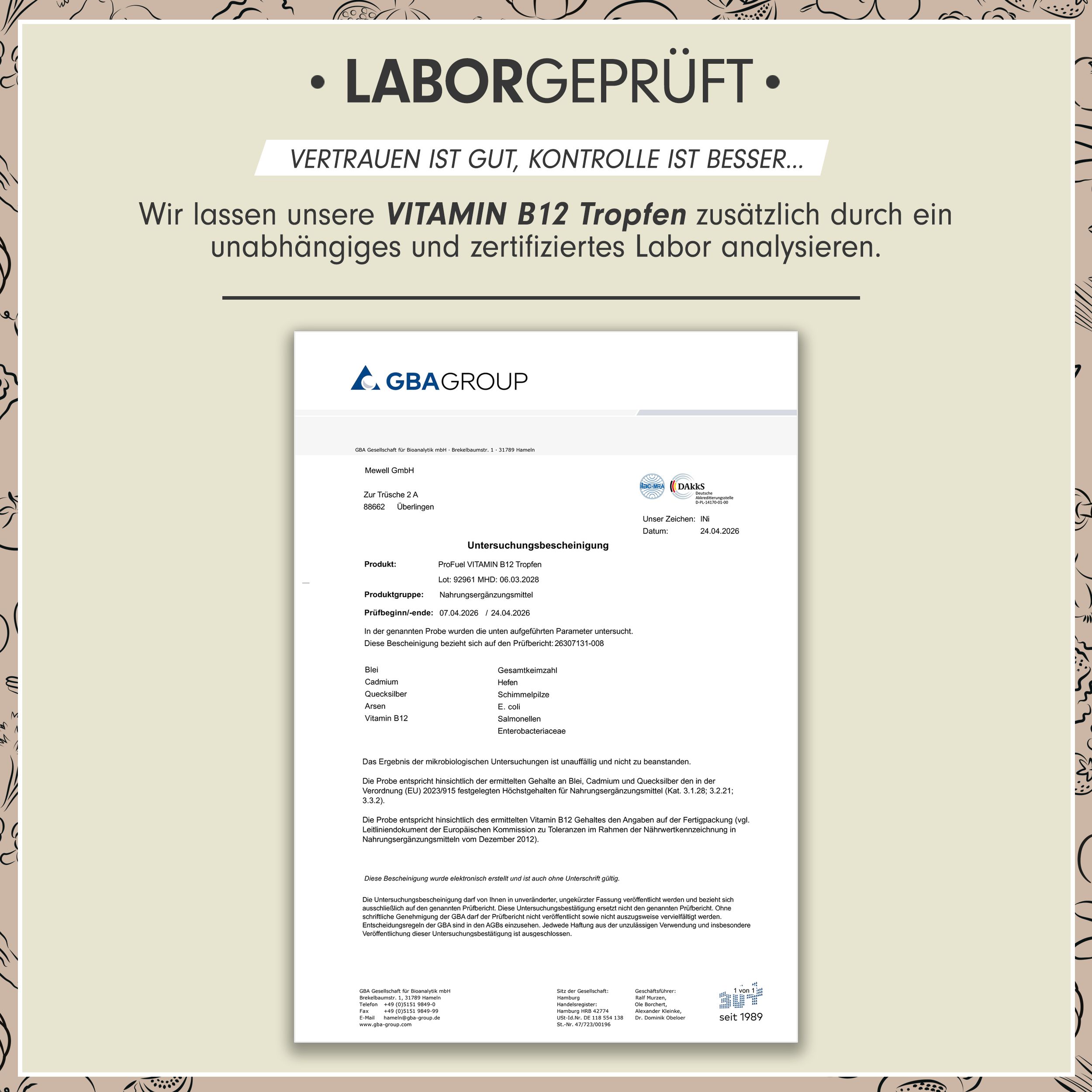 Laborbericht eines unabhängigen Labors. Bestätigt die Qualität der Vitamin B12 Tropfen. Enthält Informationen zu Analyseergebnissen.