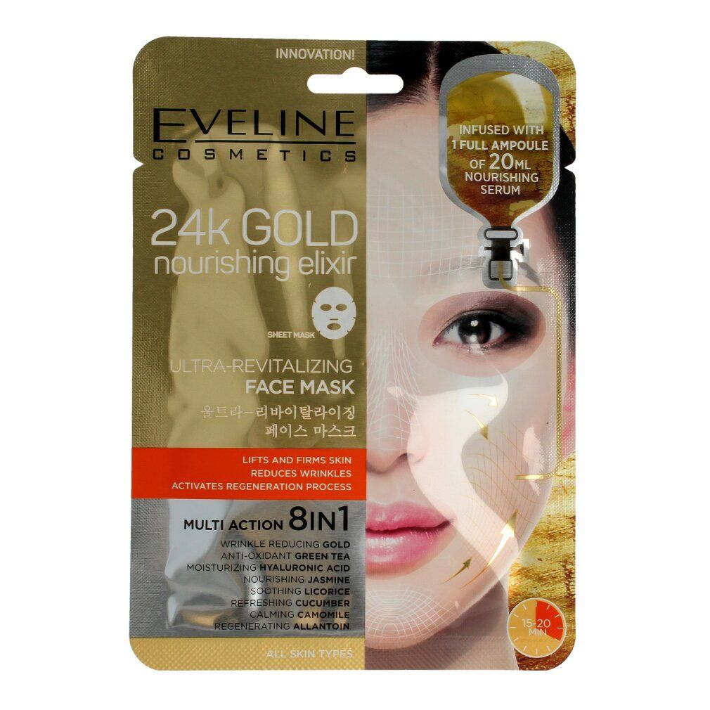 Gesichtsmaske mit Gold-Elixier. Verpackung mit Produktabbildung und Gesicht. Text: 24k Gold, Ultra-Revitalizing, 8-in-1.