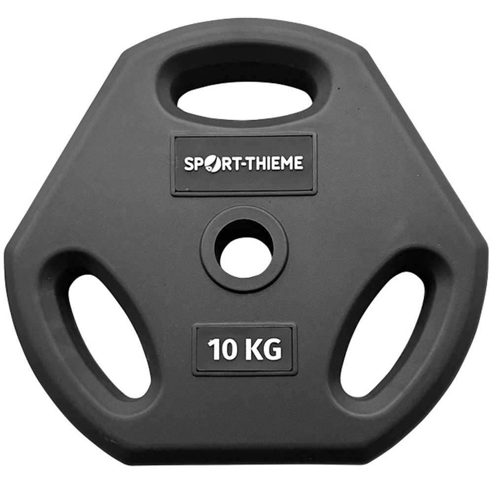 Schwarze Hantelscheibe mit Griffen. Sport-Thieme Logo und 10 KG Gewichtangabe.