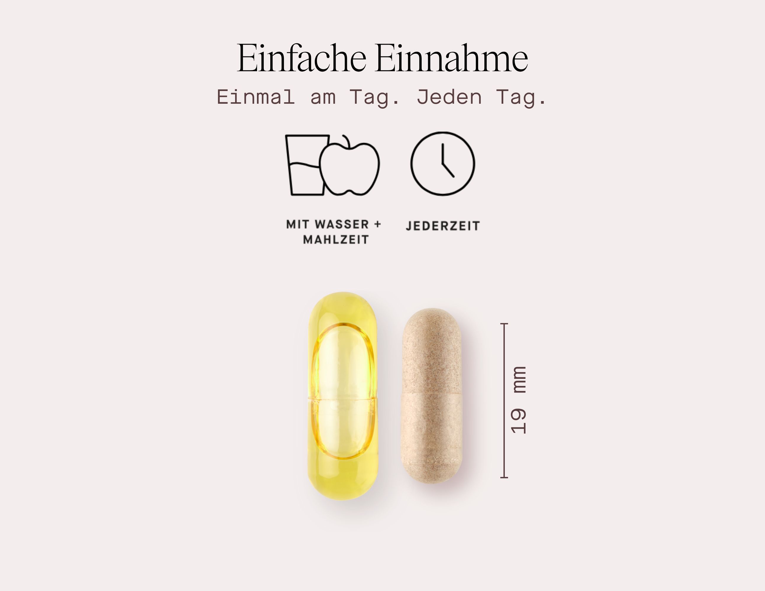 Zwei Kapseln, eine beige, eine gelbe. Text: Einfache Einnahme. Mit Wasser + Mahlzeit. Jederzeit. 19 mm.