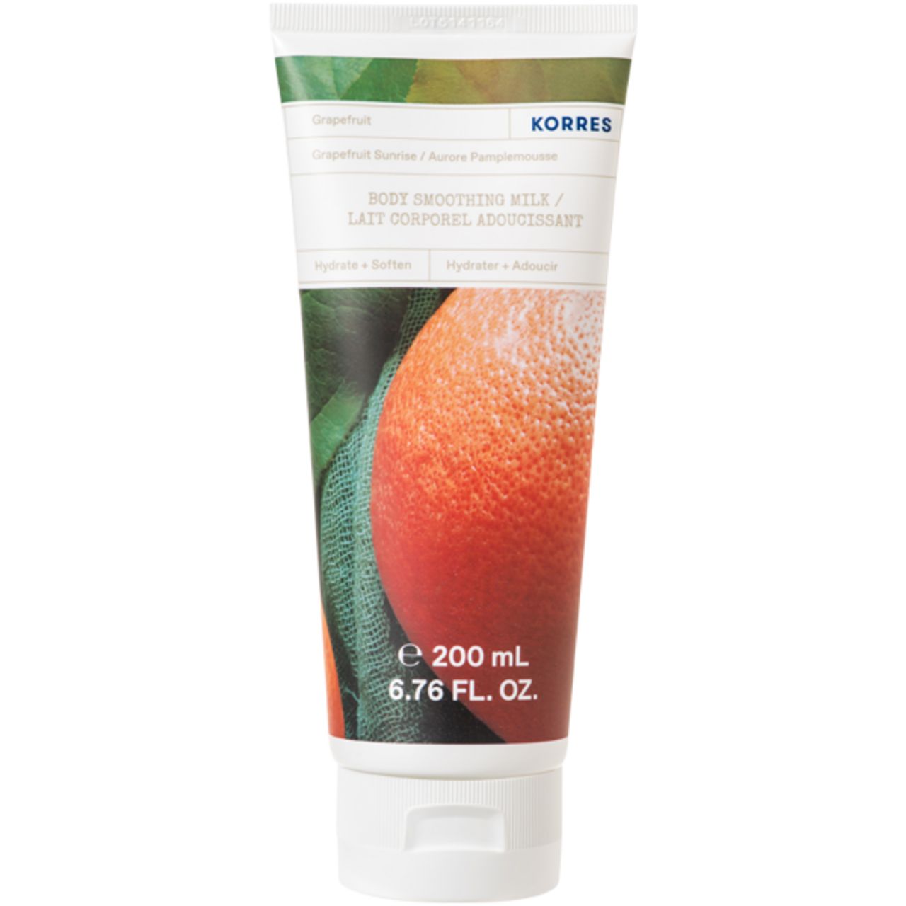 KORRES Glättende Körpermilch (Grapefruit Sunrise). Tube mit Grapefruit-Abbildung. Text: Body Smoothing Milk. Volumen: 200 ml.