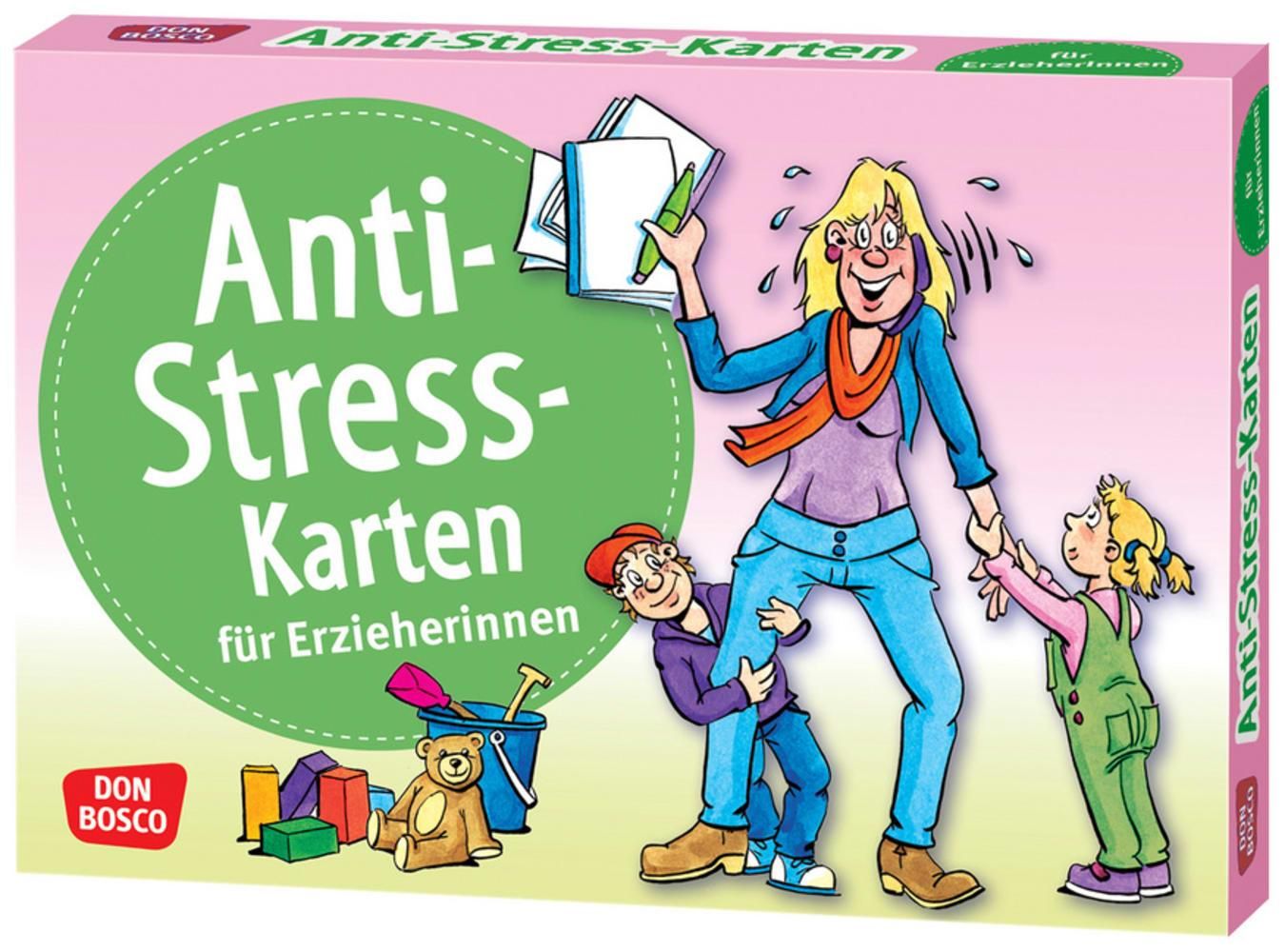 Kartenspiel-Verpackung mit dem Titel "Anti-Stress-Karten für Erzieherinnen". Illustration einer Frau mit Kindern.