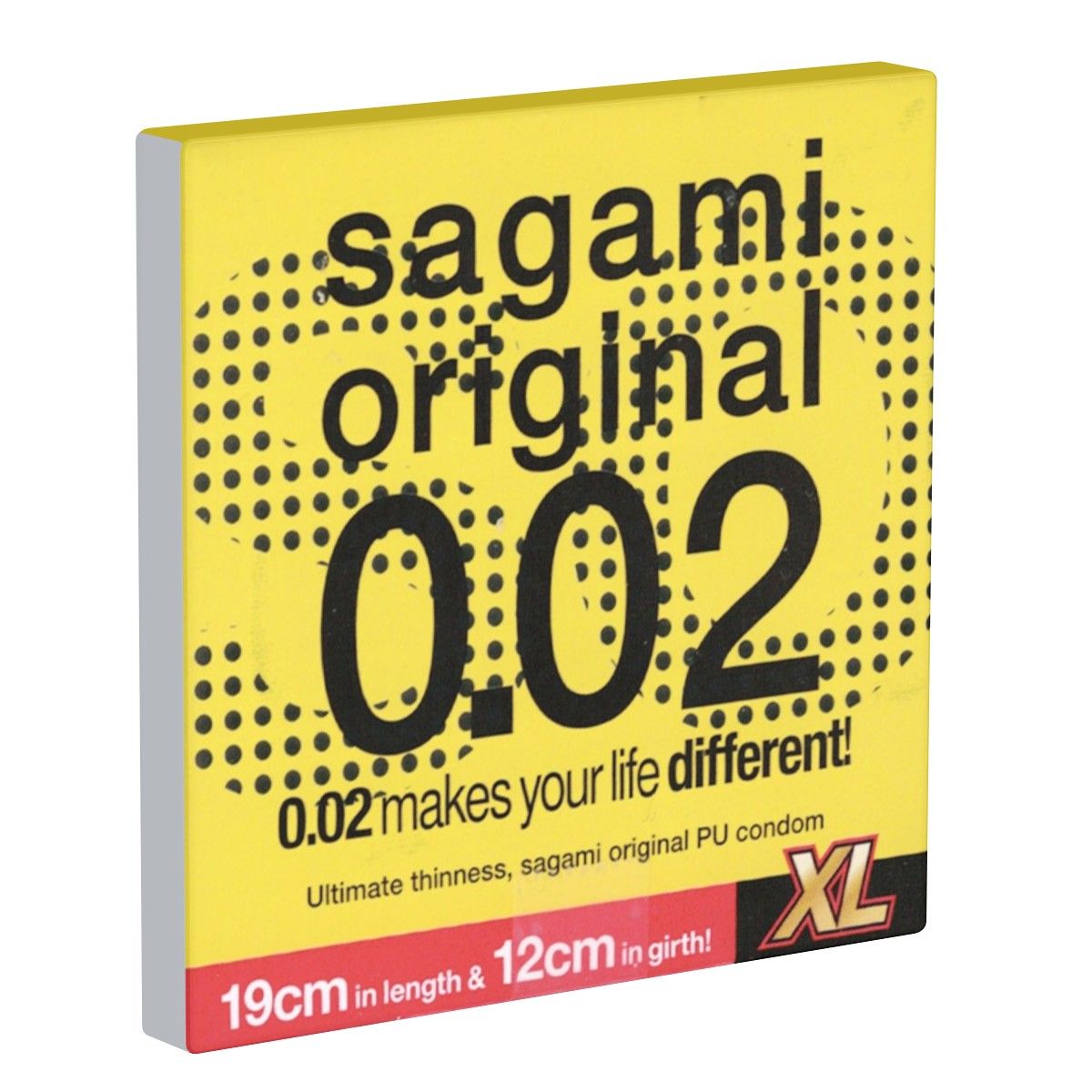 Sagami Original XL-Packung mit 0.02mm Dicke, 19cm Länge und 12cm Umfang.