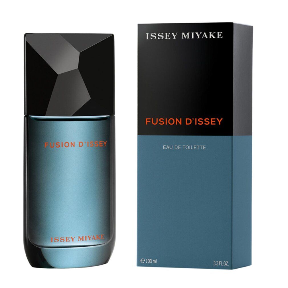Flakon und Verpackung. Flakon blau mit schwarzem Deckel. Verpackung blau-schwarz. Schriftzug "Fusion d'Issey".