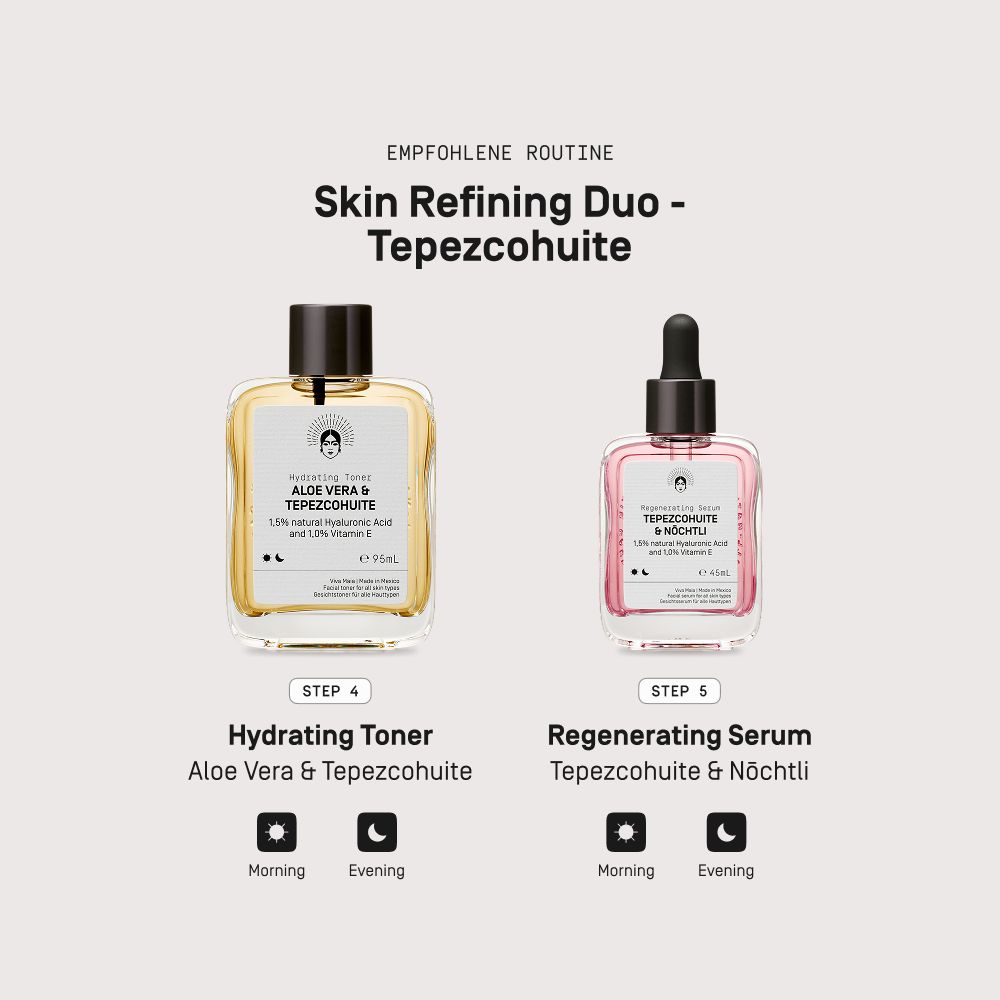 Viva Maia Hydrating Toner und Regenerating Serum nebeneinander. Produktinformationen und Anwendungshinweise.