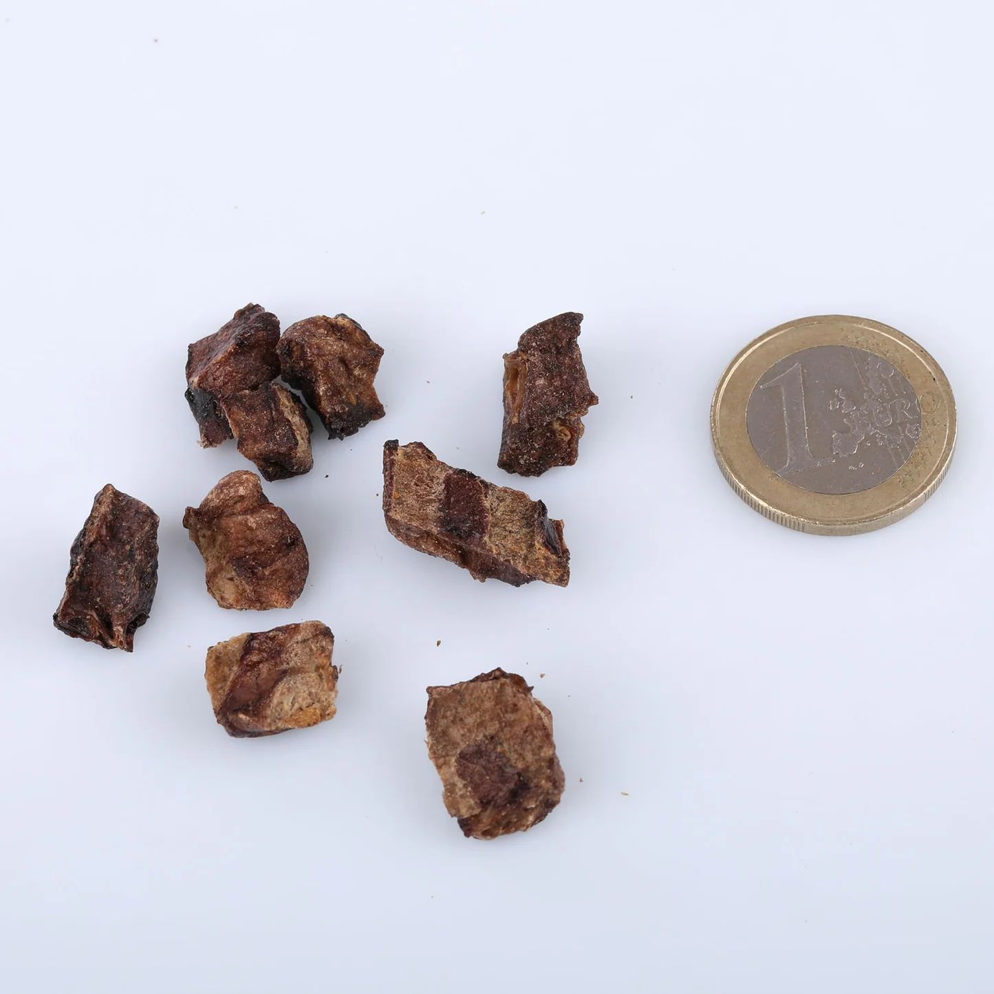 Kleine, braune Stücke neben einer 1-Euro-Münze. Hundesnack aus Lamm-Lunge. Unregelmäßige Form, unterschiedliche Größen.