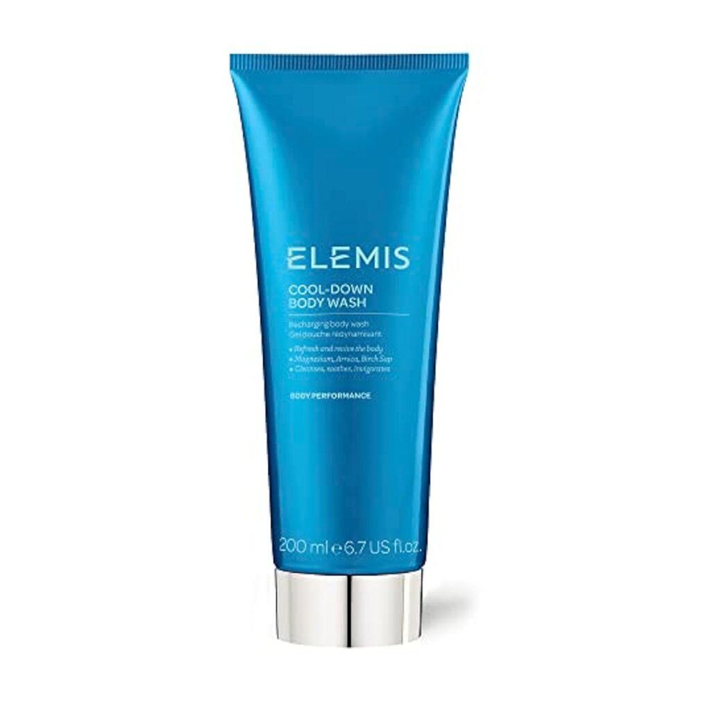 Blau-türkisfarbene Tube mit silbernem Verschluss. Aufschrift: Elemis Cool-Down Body Wash. Volumen: 200 ml.