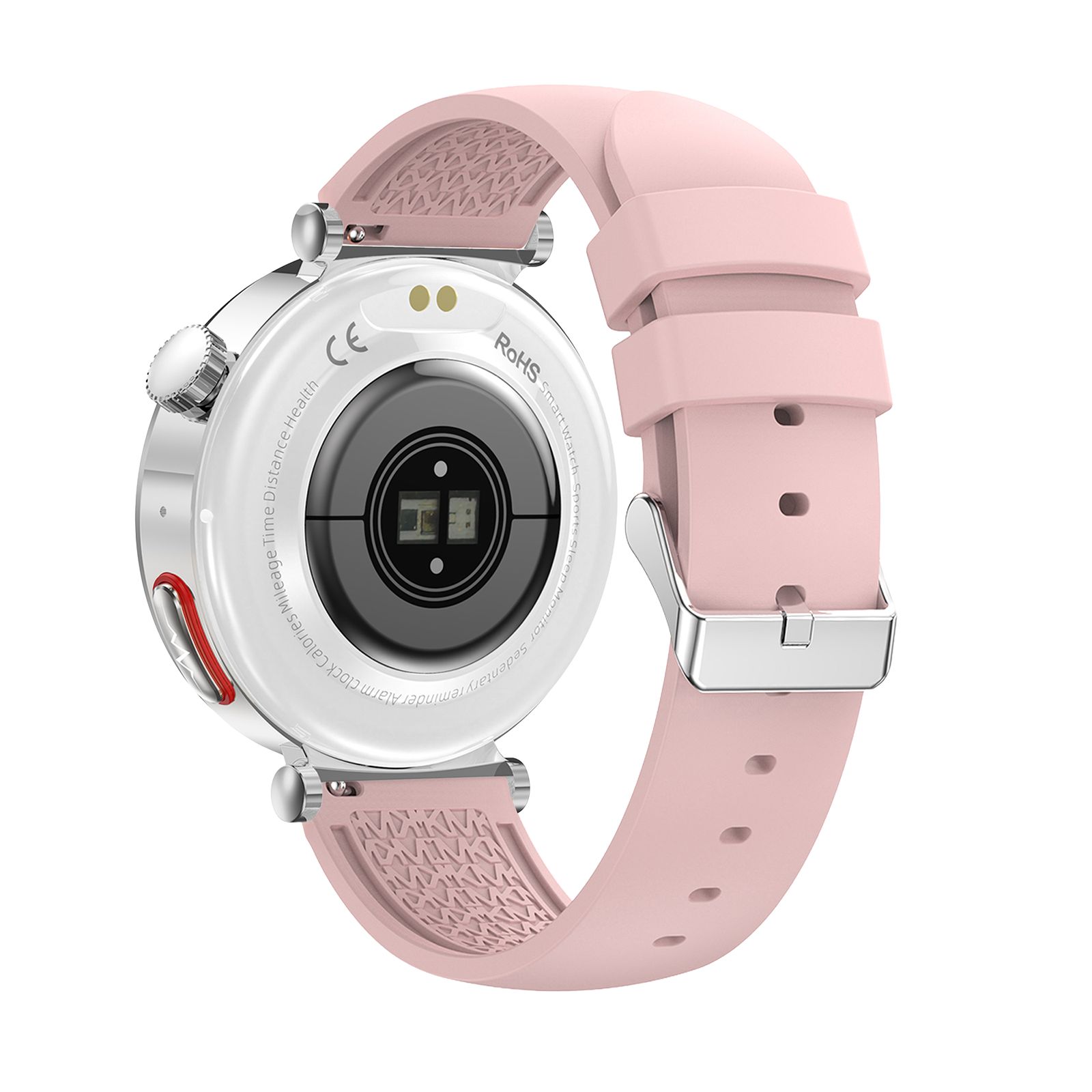 Rückseite einer Smartwatch. Sensor zur Herzfrequenzmessung. Silberfarbenes Gehäuse, rosa Armband. CE-Kennzeichnung.