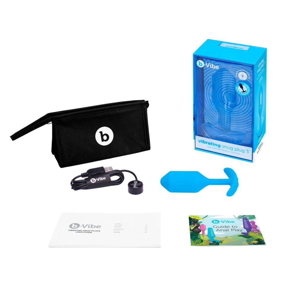 Produkt-Set: Plug, Ladekabel, Tasche, Anleitungen. Plug blau, tropfenförmig. Tasche schwarz mit Logo. Kabel mit USB-Anschluss.