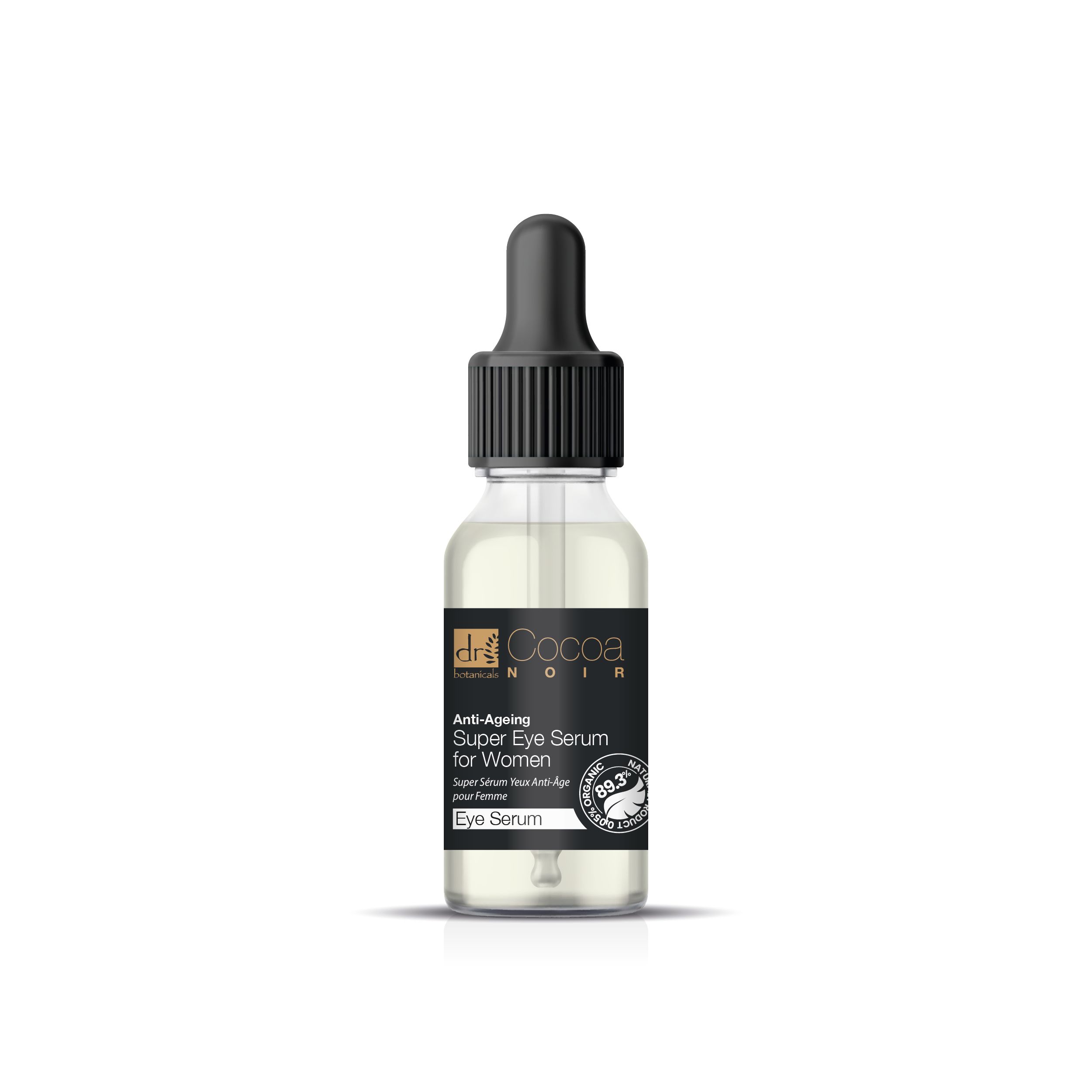 Klarflasche mit schwarzem Deckel und Pipette. Schwarzes Etikett mit Text: Anti-Ageing Super Eye Serum for Women. Marke: Dr Botanicals Cocoa Noir.