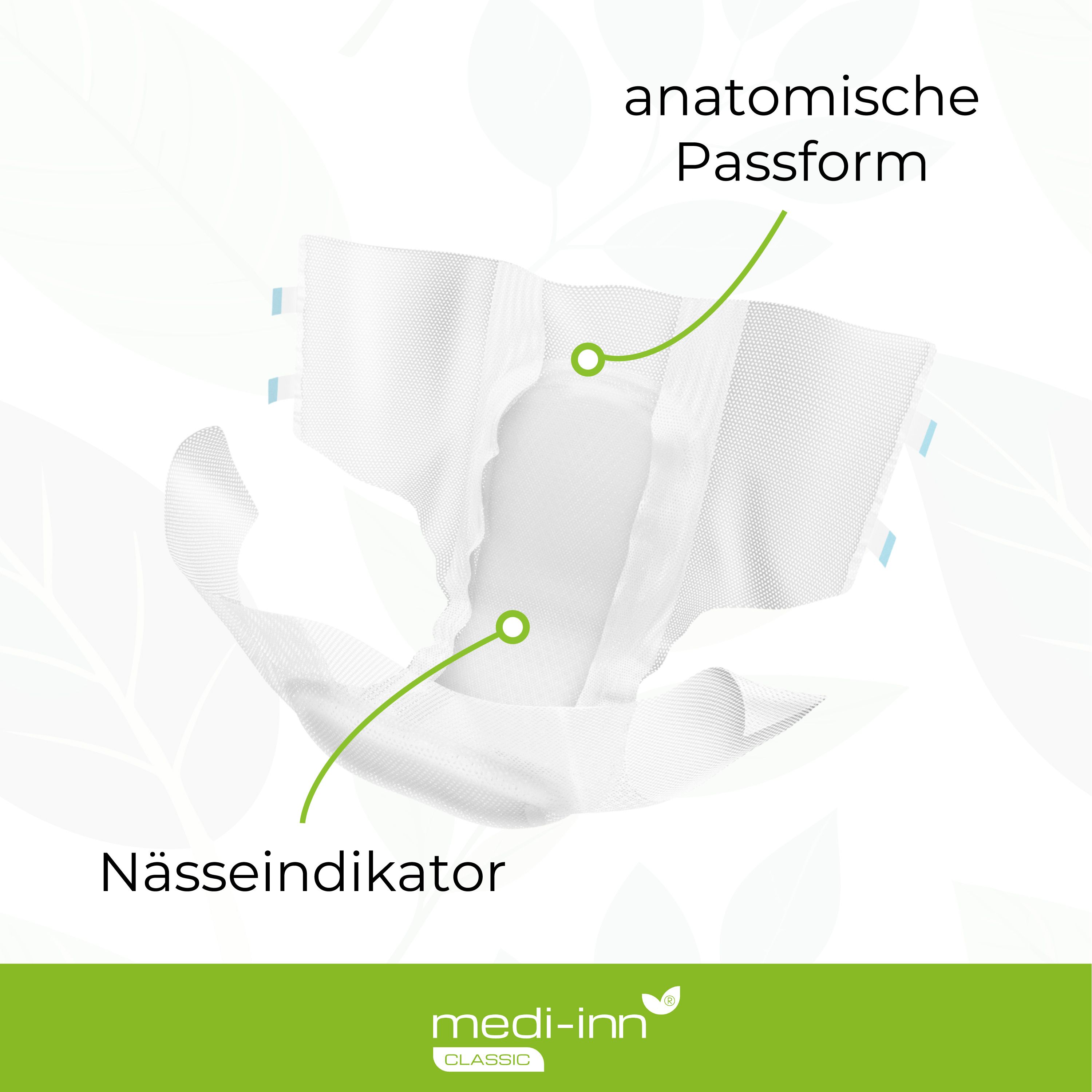 Weißer Inkontinenz-Slip mit grünen Pfeilen auf anatomische Passform und Nässeindikator. Medi-Inn Logo.