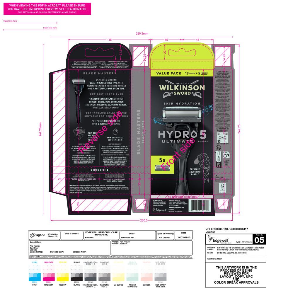 Verpackungsdesign für Wilkinson Sword Hydro 5 Ultimate Rasierer.