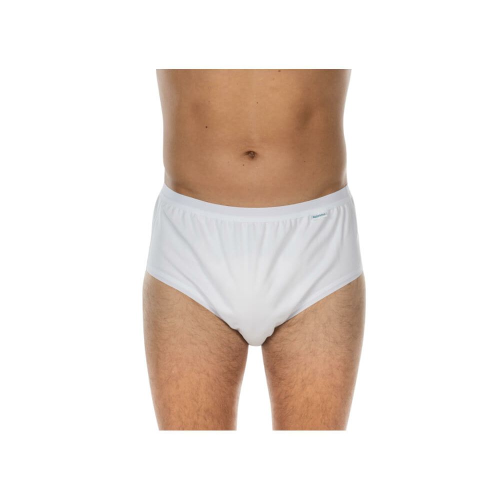 Weißer Inkontinenz-Slip, Vorderansicht. Auf einer Person getragen.